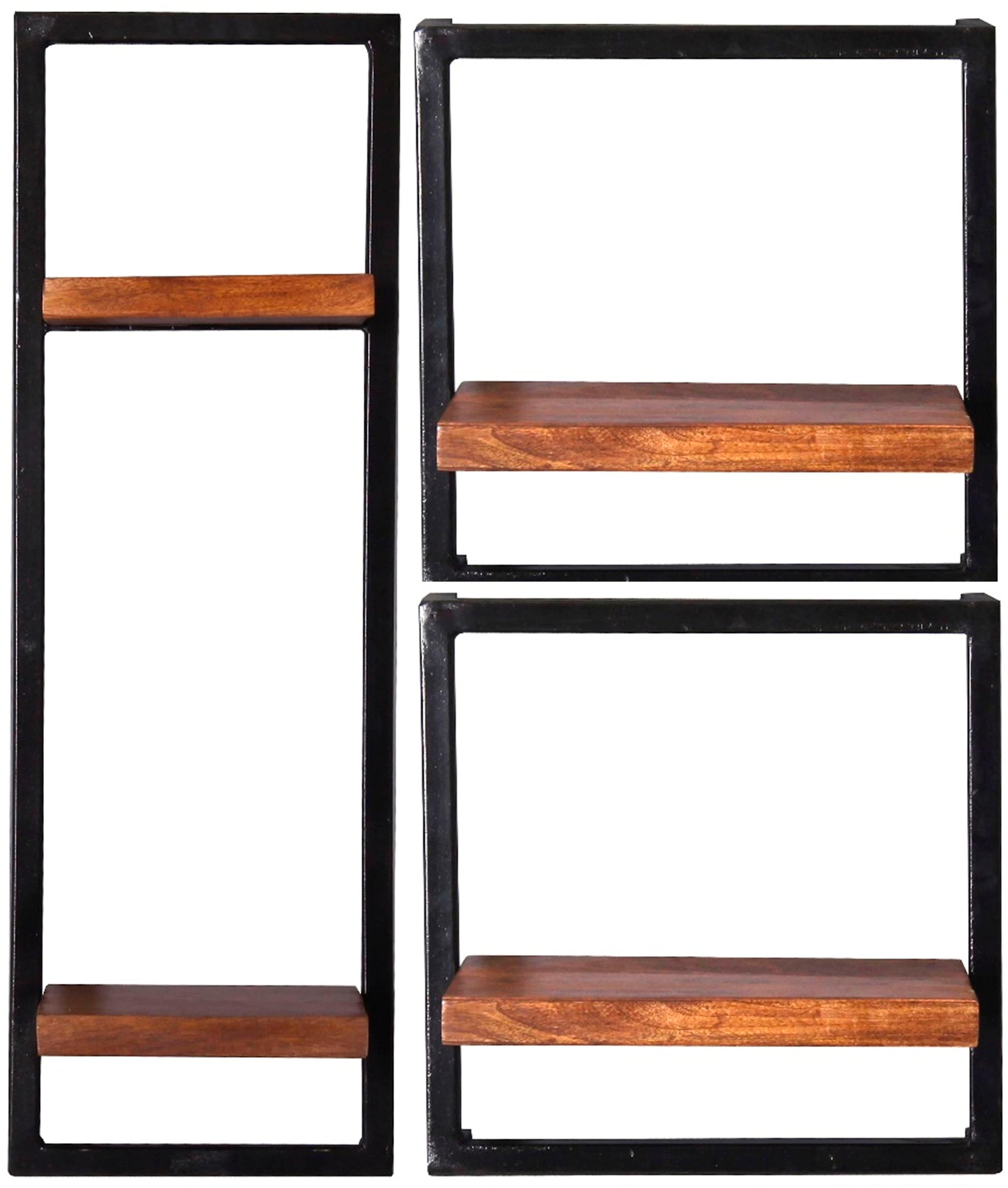 SIT Wandregal "Accra Wandregal-Set 3-teilig aus Mangoholz mit Altmetall" Set, 1 hohes & 2 breite Wandregale für flexible Wandgestaltung