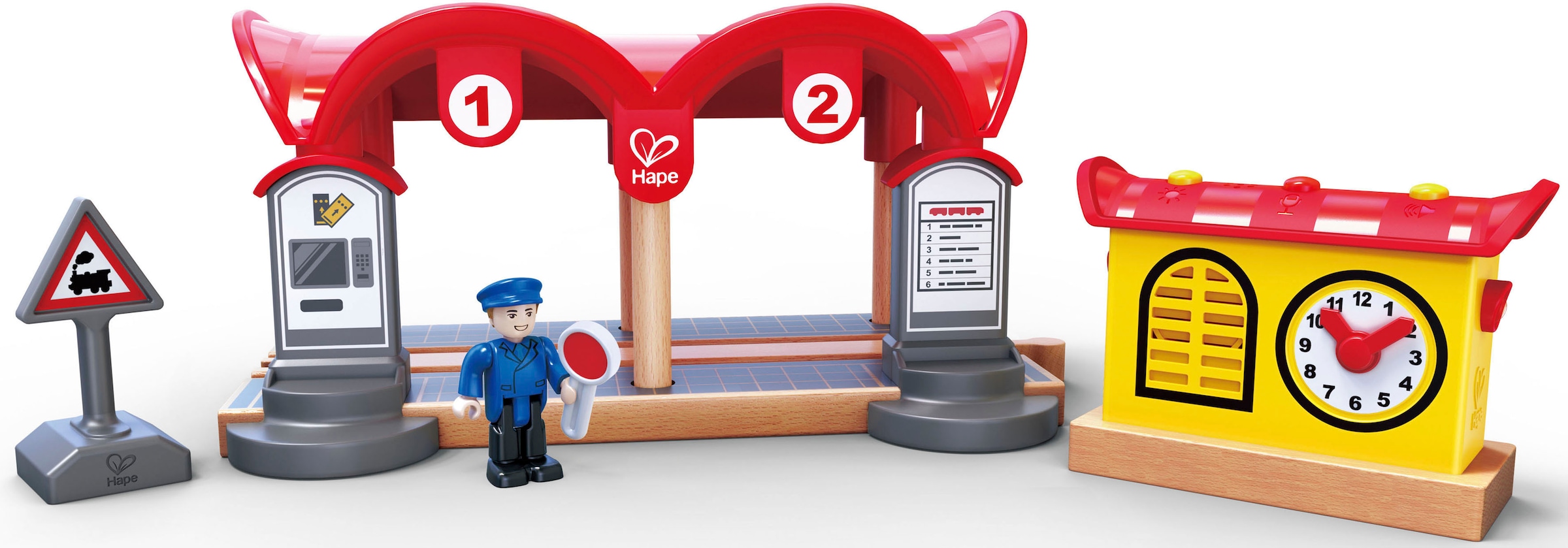 Hape Spielzeugeisenbahn-Gebäude »Bahnhof mit Aufnahmefunktion«, (Set, 5 tlg.), aus Holz