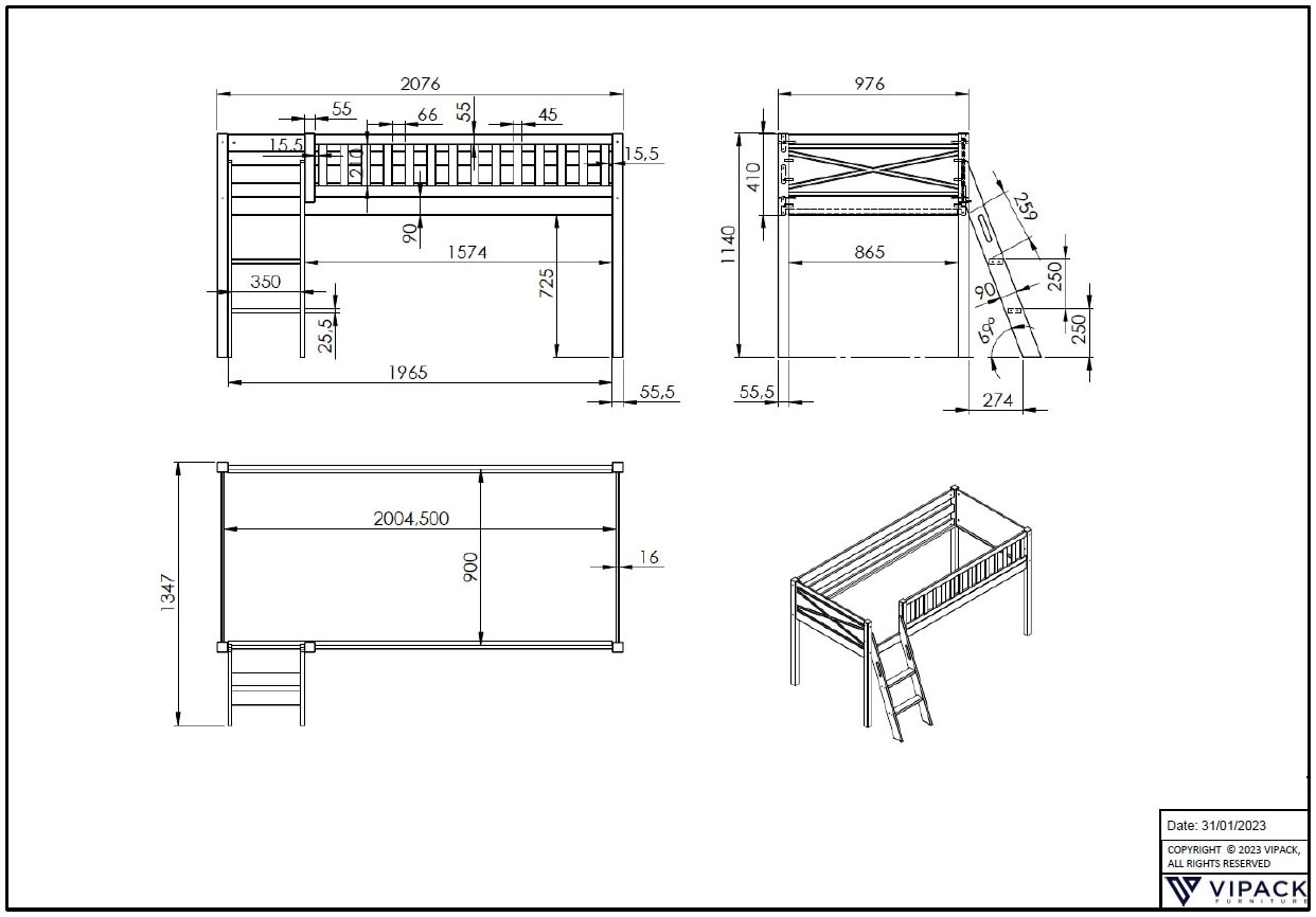 Vipack Hochbett »Scott«, (Made in Europe), mit schräger Leiter, LF 90x200 cm, Vorhang, Tunnel, 4 Designs