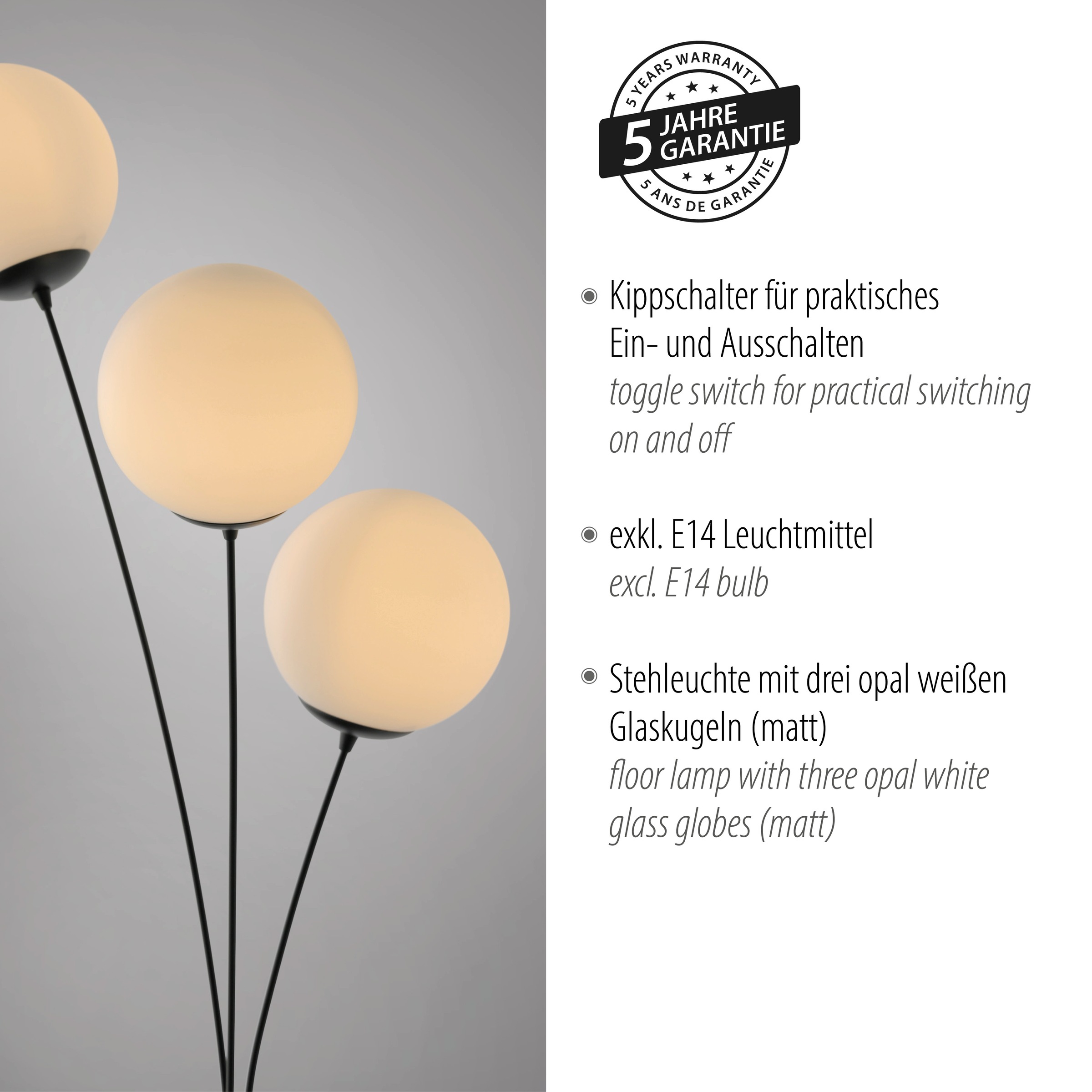 my home Stehlampe »Nymölla«, 3 flammig, Leuchtmittel E14 | ohne Leuchtmittel, Stehleuchte mit großen Glaskugeln amberfarben oder opal matt weiß