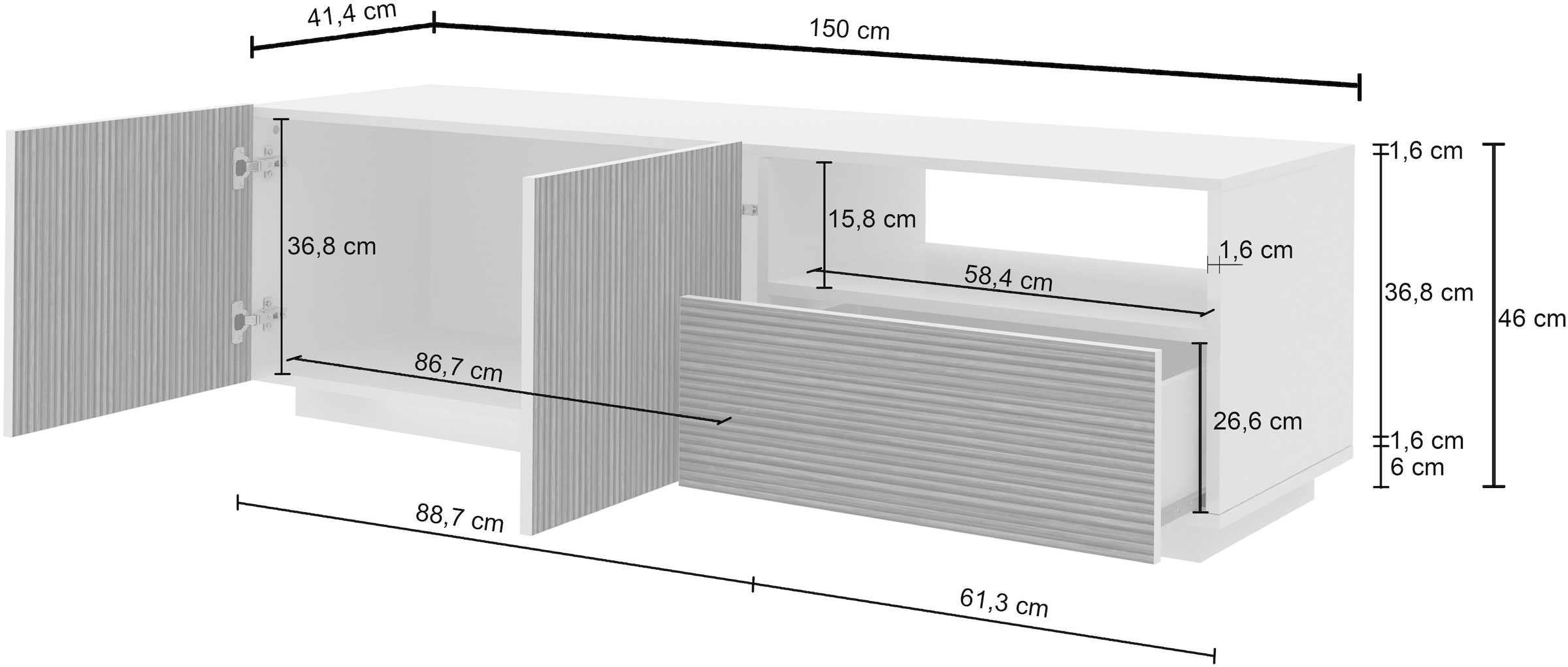 INOSIGN Lowboard »Vega,Lowboard,TV Board,TV Schrank,150 cm« mit 2 Türen und 1 Schublade,Fronten mit Rillen-Optik