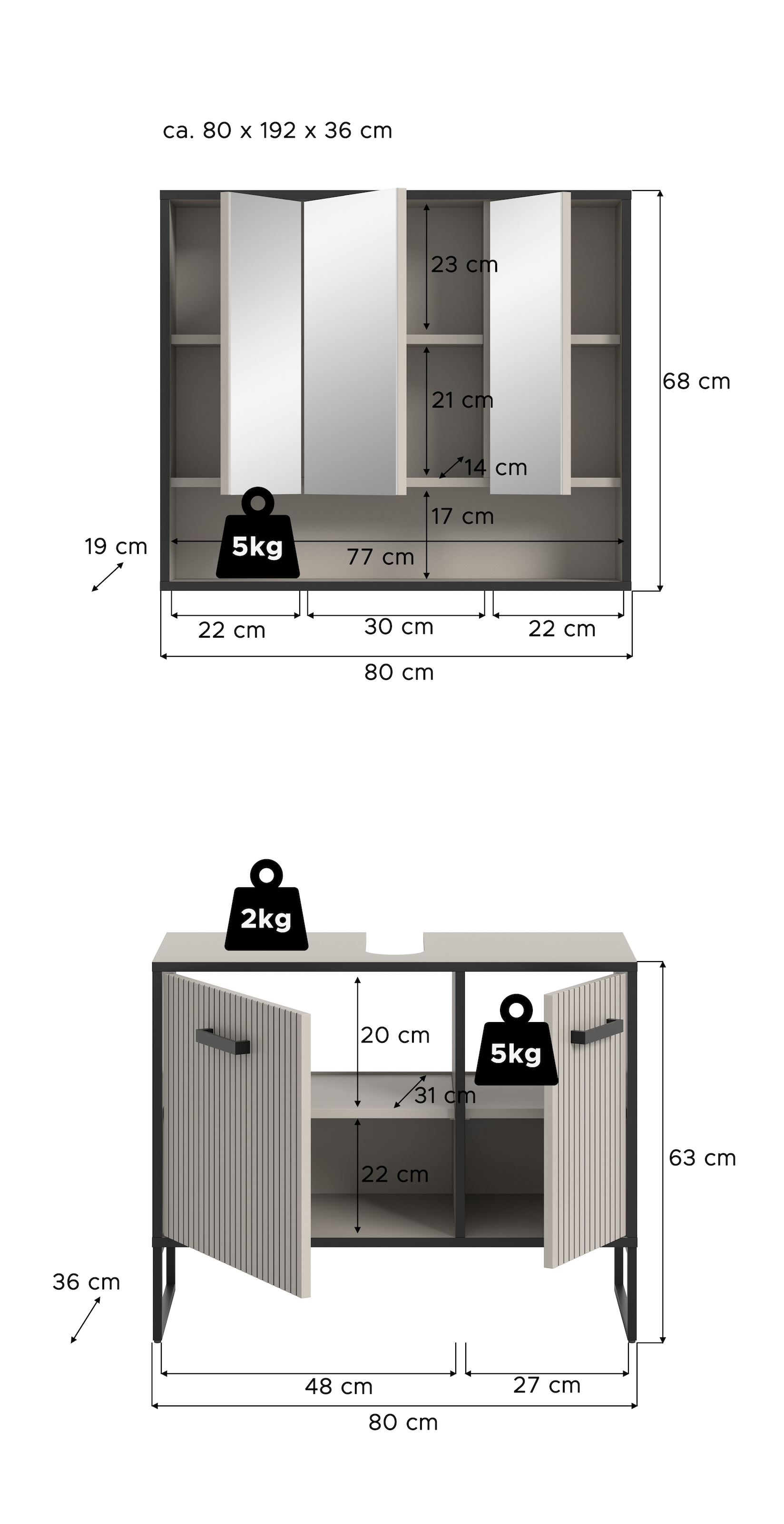 welltime Badmöbel-Set »Locri, Breite 80 cm, Rillenoptik, Metallkufen« 2 Stk. tlg.
