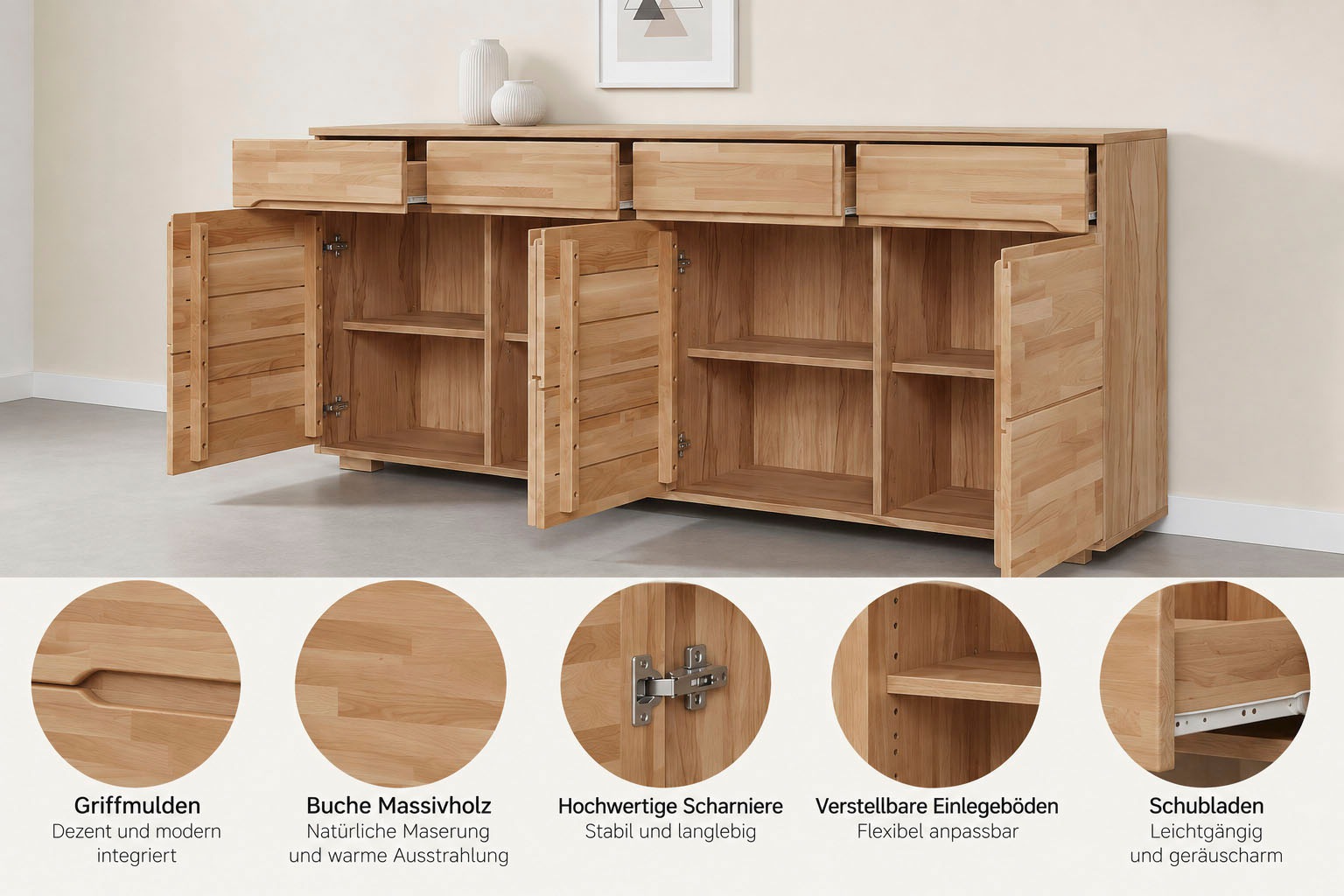 OTTO home Sideboard »VETRO Teilmassiv, Fronten Massivholz, Wohnzimmer, Stauraum,Griffmulde« B/T/H:199/40/85cm, 4Schubladen, 8 geschlossen Fächer, Stauraum