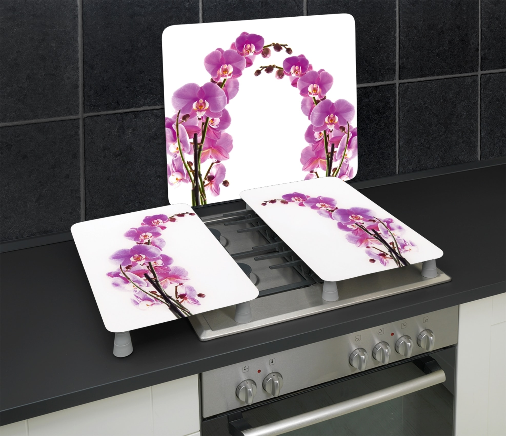WENKO Herd-Abdeckplatte »Universal Modell Orchideenblüte«, (Set, 2 tlg.), Herdabdeckung für alle Herdarten, kratzfest, mit rutschfesten Füßen