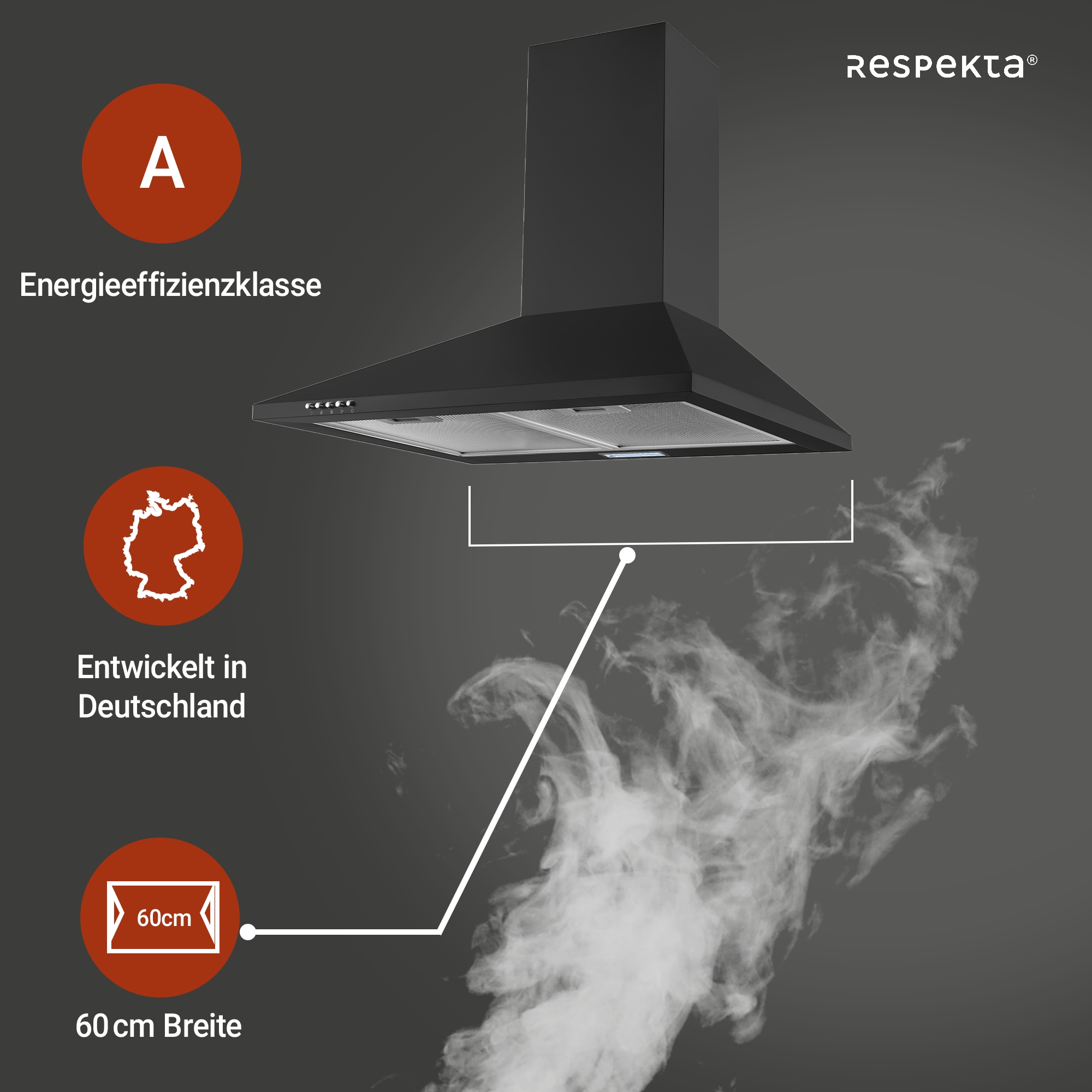 RESPEKTA Kaminhaube »CH 22055 SA« 60 cm, 3 Leistungsstufen, LED-Beleuchtung, Ab- und Umluftfähig