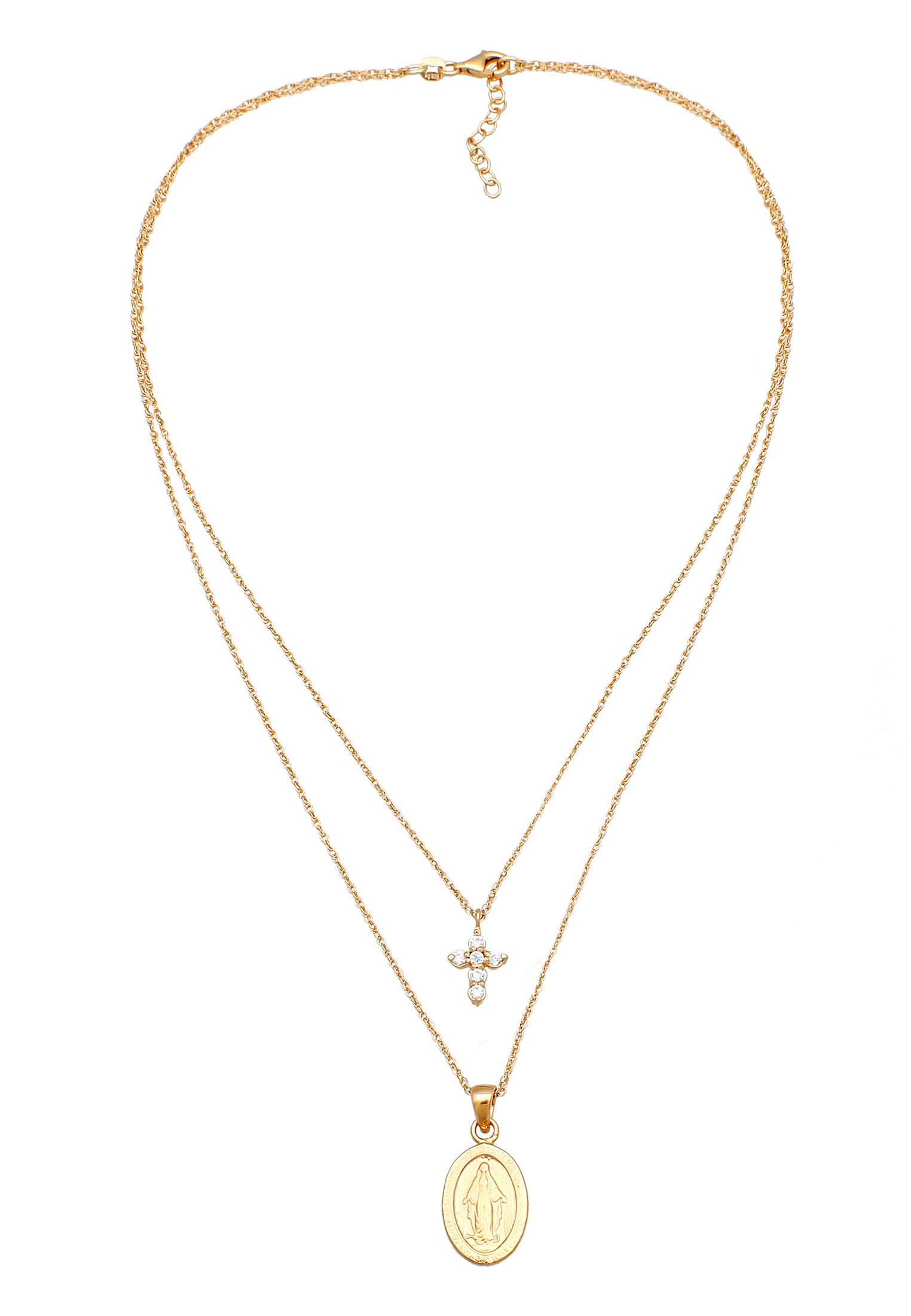 Elli Silberkette »Halskette Layer Marienbild Kreuz Zirkonia Weiß 925 Sterling Silber«