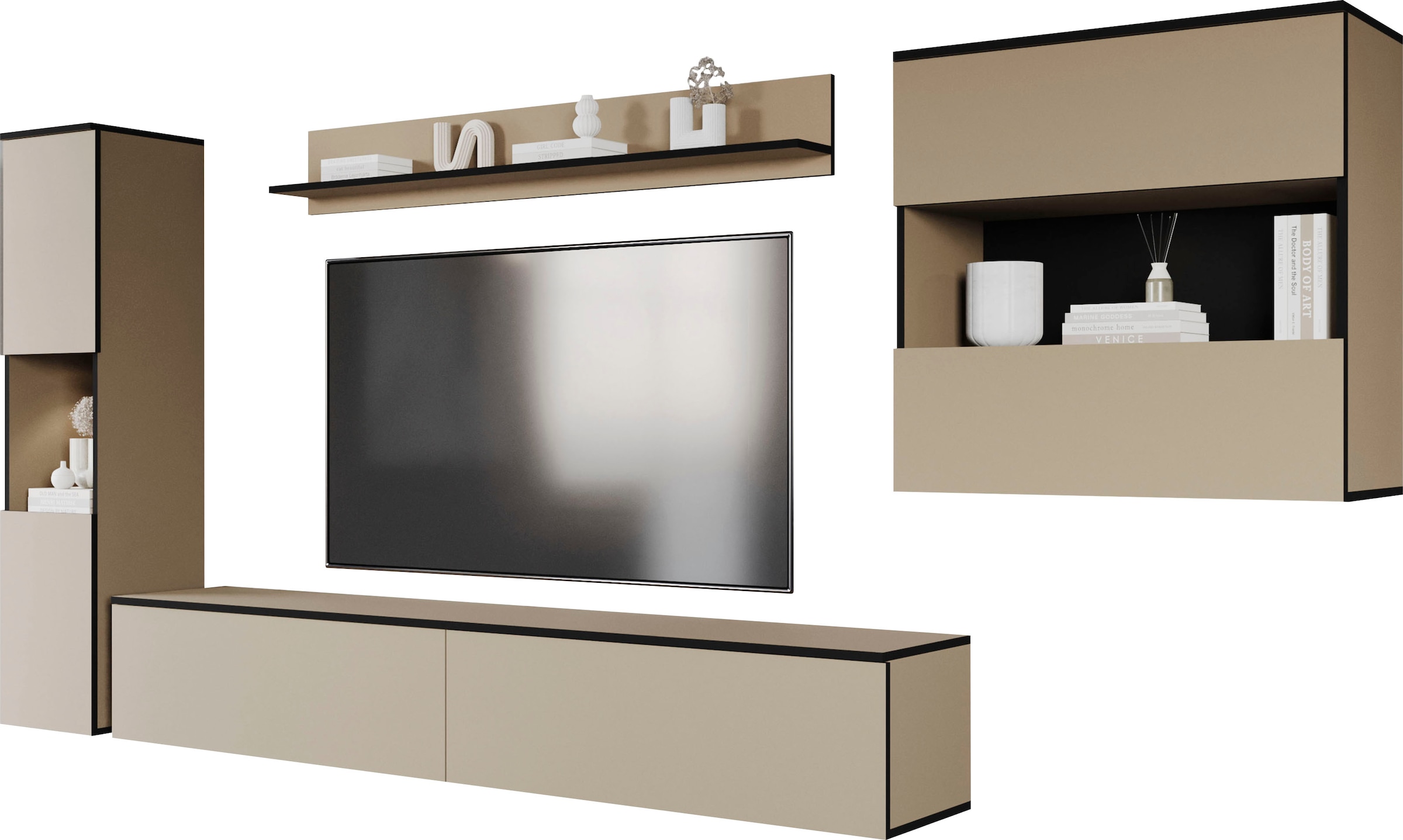 INOSIGN Wohnwand »PARIS, Vitrine Türanschlag links/rechts wechselbar«, (Komplett-Set, 4 St.), grifflose Design, stehend und hängend montierbar