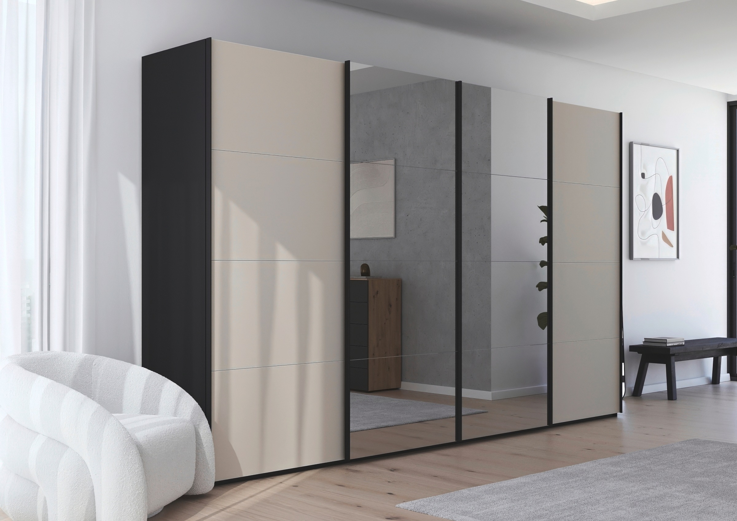rauch Schwebetürenschrank »Kleiderschrank Schrank Garderobe Schlafzimmerschrank SCALE-FYRA«, edle viergeteilte Türen Spiegel/Glas-Mix viele Farben MADE IN GERMANY