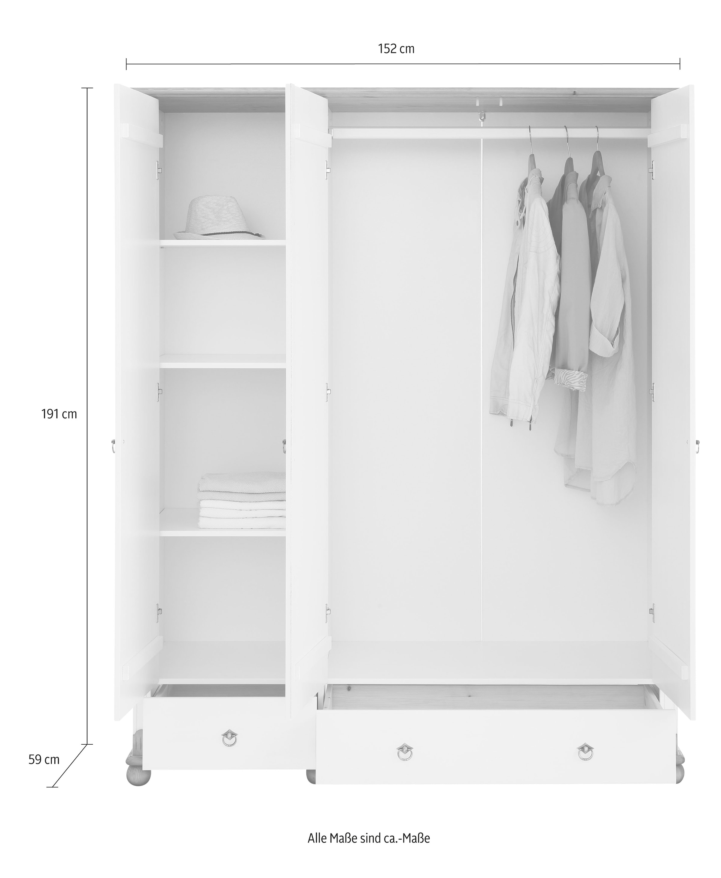Home affaire Kleiderschrank »Tessin, Dretürenschrank, 3-türig«, (B/H/T ca. 152/191/59 cm), Breite 152 cm, Kiefer massiv, mit Spiegel und 3 Schubladen