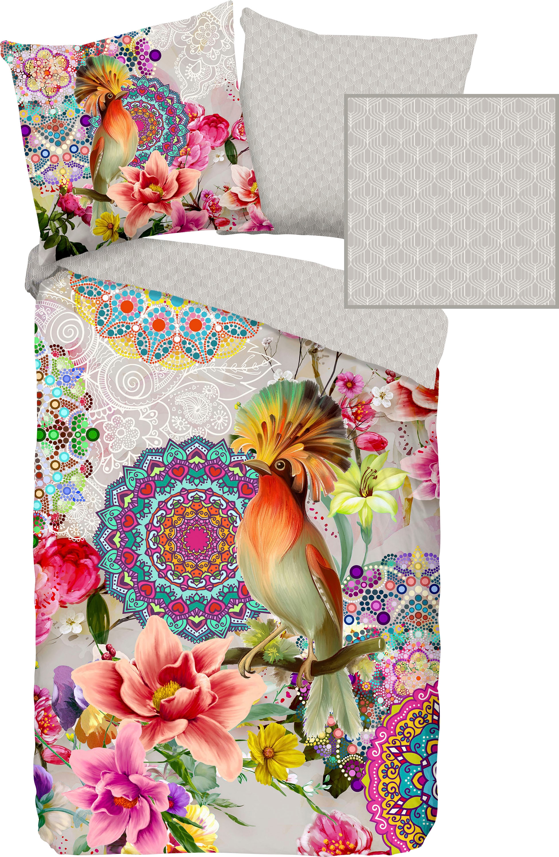 hip Wendebettwäsche »Bindi«, Mako-Satin, 135x200, Reißverschluss, Wendeoptik, Mandala, Vogel, Grau