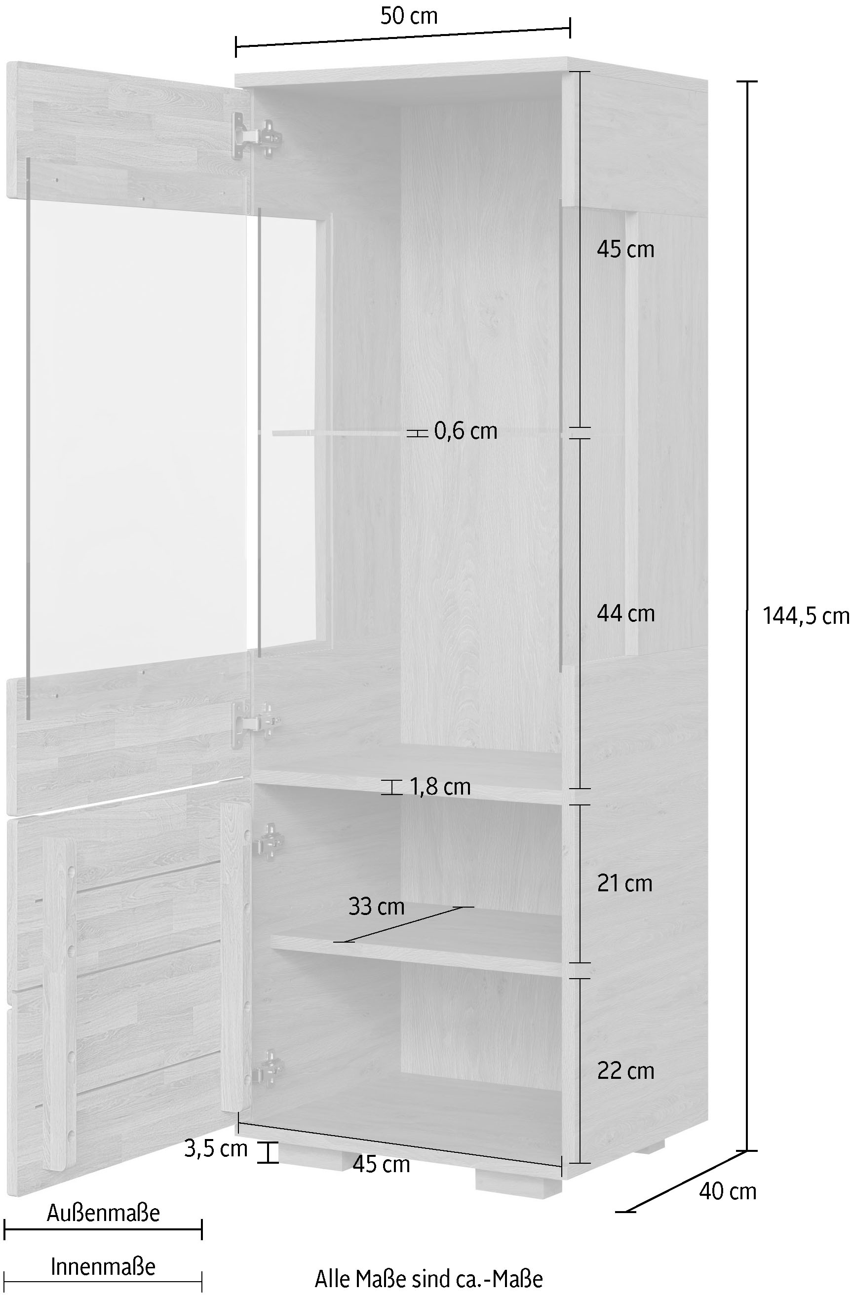 OTTO home Vitrine »VETRO: Fronten aus Massivholz, Korpus aus Melamin, 1Glastür« Kernbuche B/T/H:50/40/144cm, 2Variable einlegeboden, Türanschlag L/R