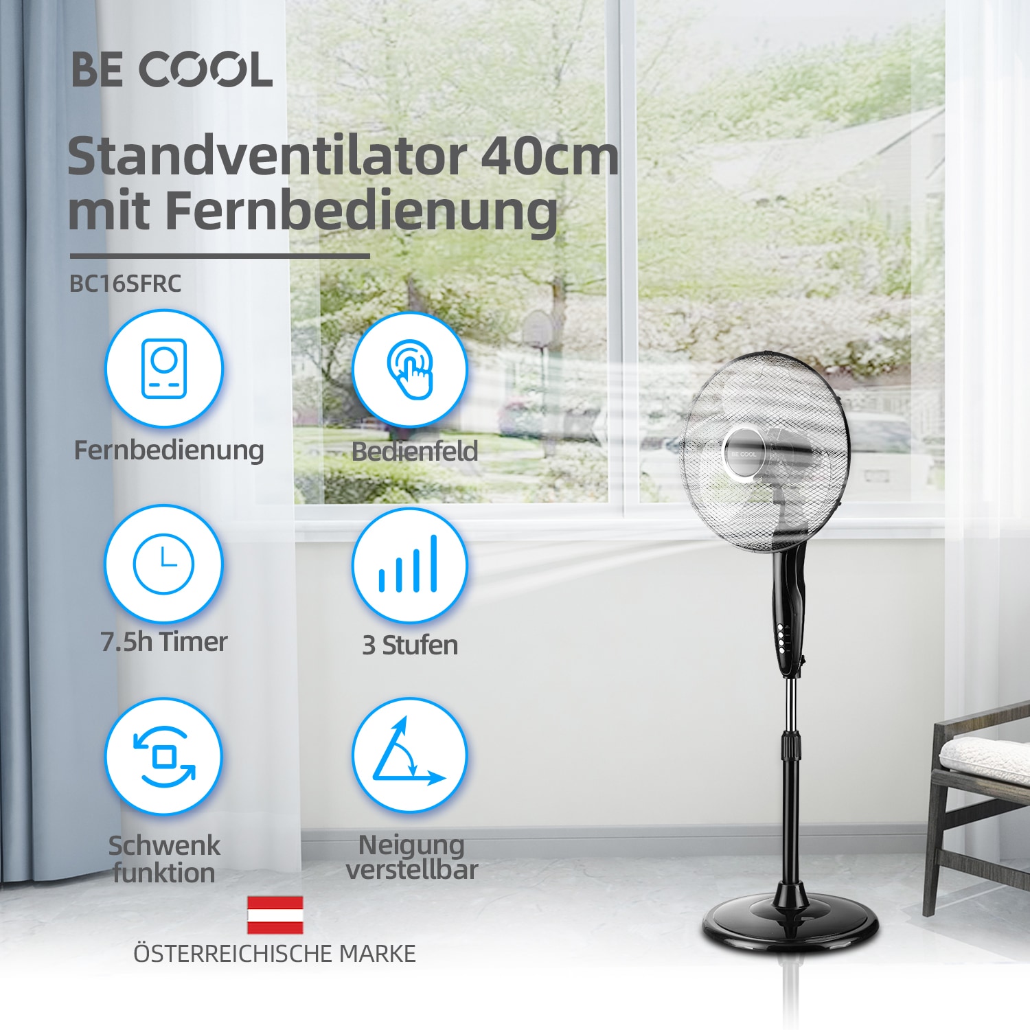 be cool Standventilator »Standventilator 40cm mit Fernbedienung BC16SFRC schwarz«, Timer-Funktion