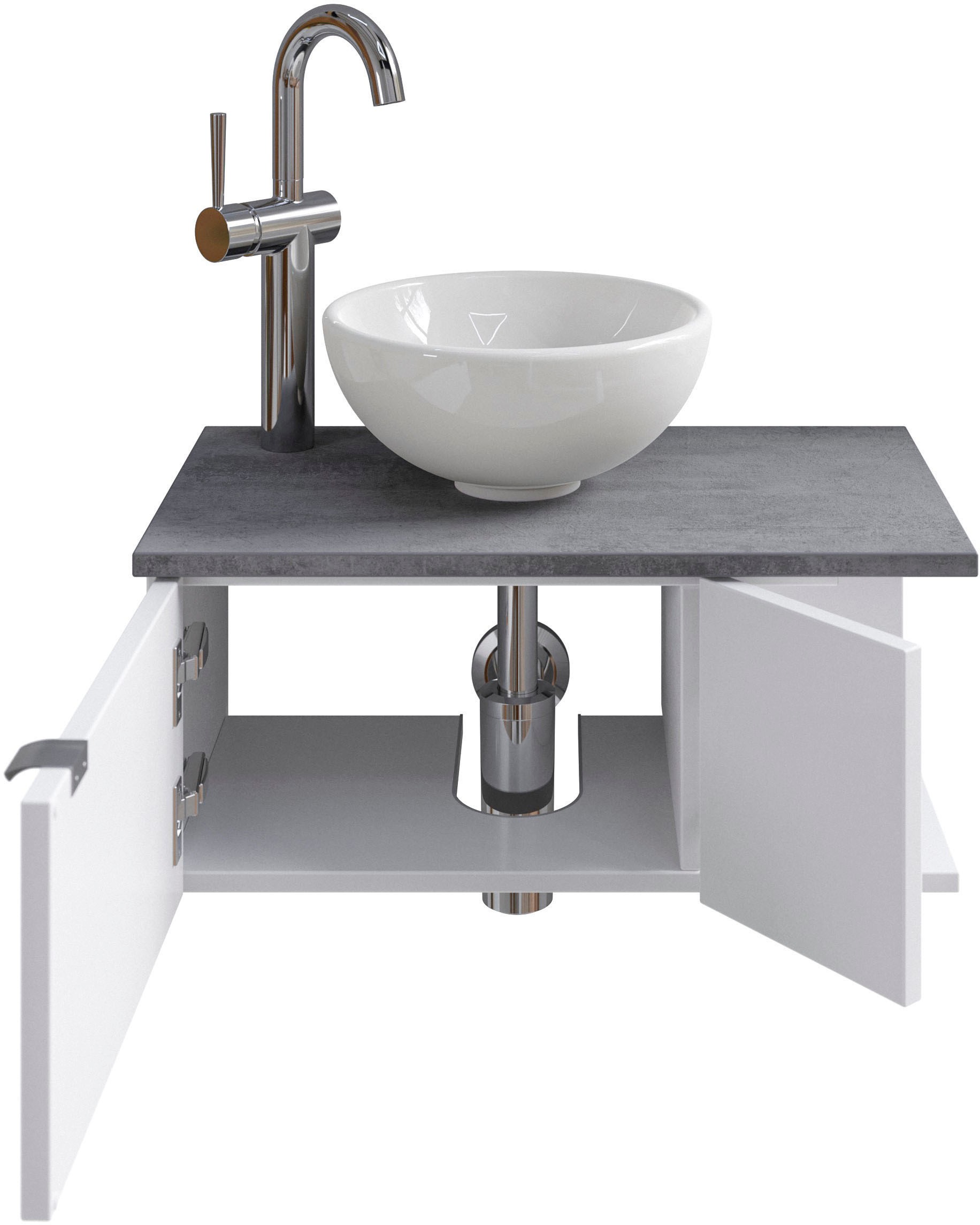 Saphir Waschtisch »Serie 6915 Waschschale mit Unterschrank für Gästebad, Gäste WC« Keramik-Aufsatzbecken, Waschtischplatte, Waschtischunterschrank, 3 Stk. tlg. 61 cm breit, 2 Türen, offenes Fach, kleine Bäder, ohne Armatur