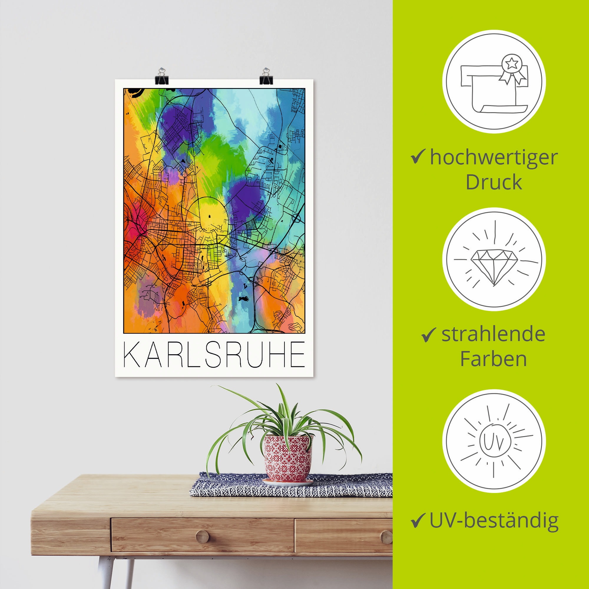 Artland Wandbild »Retro Karte Karlsruhe Aquarell«, Deutschland, (1 St.), als Alubild, Outdoorbild, Poster in verschied. Größen
