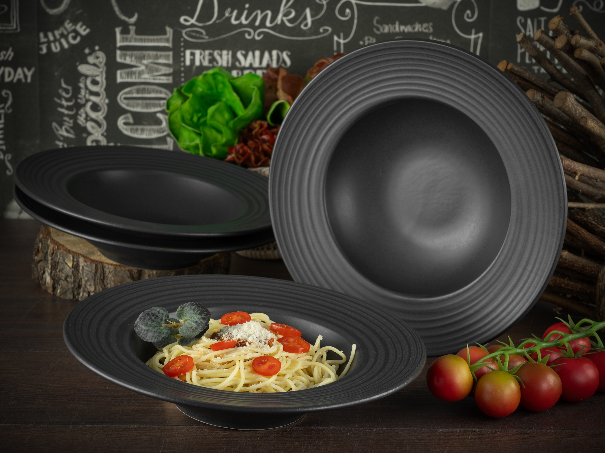 CreaTable Pastateller »Lava Stone Black, Pasta Gourmetteller Set 4-tlg« Seidenmatte Glasur