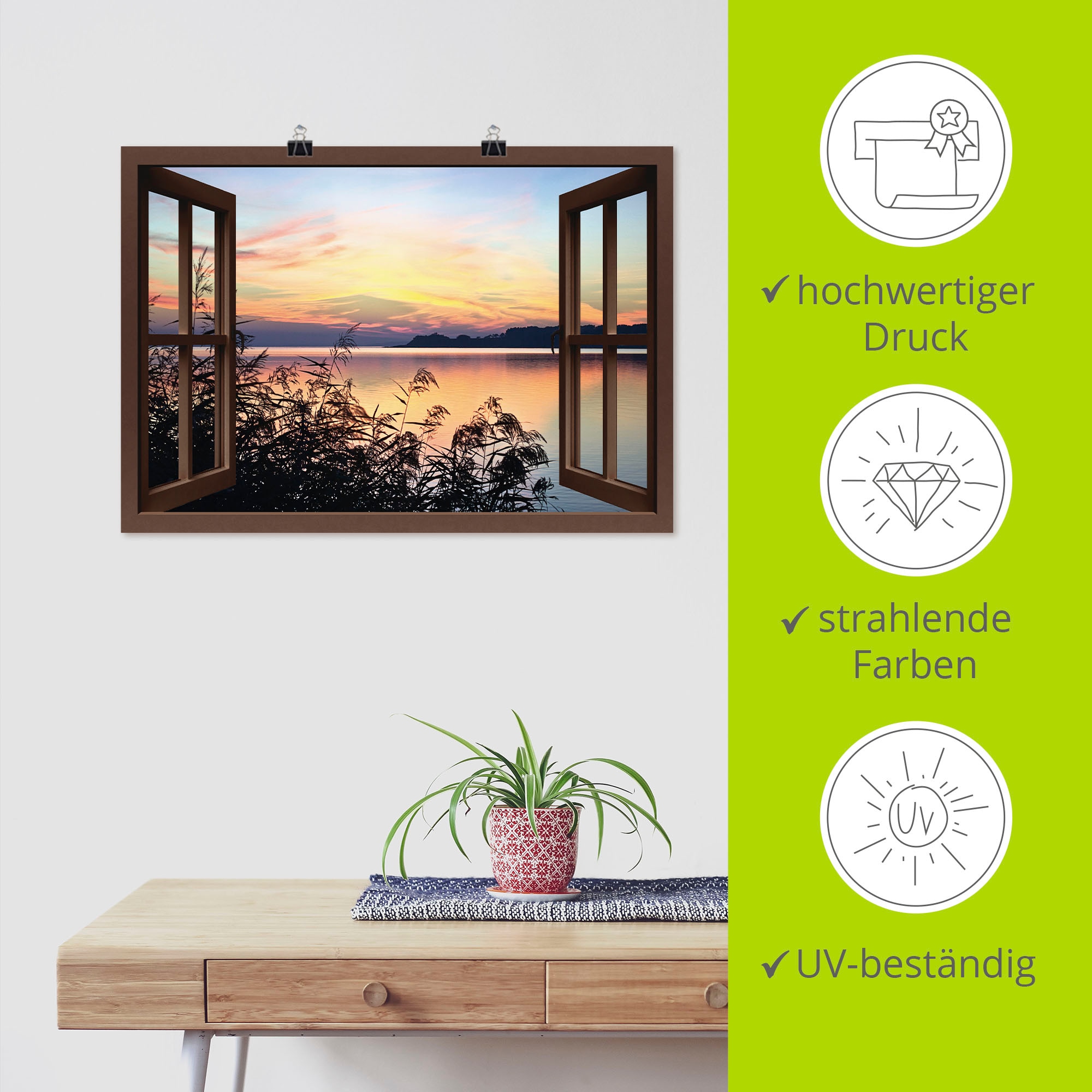 Artland Poster »Fensterblick - Abendrot im Schilf« Fensterblick 1 Stk. tlg. ohne Rahmen