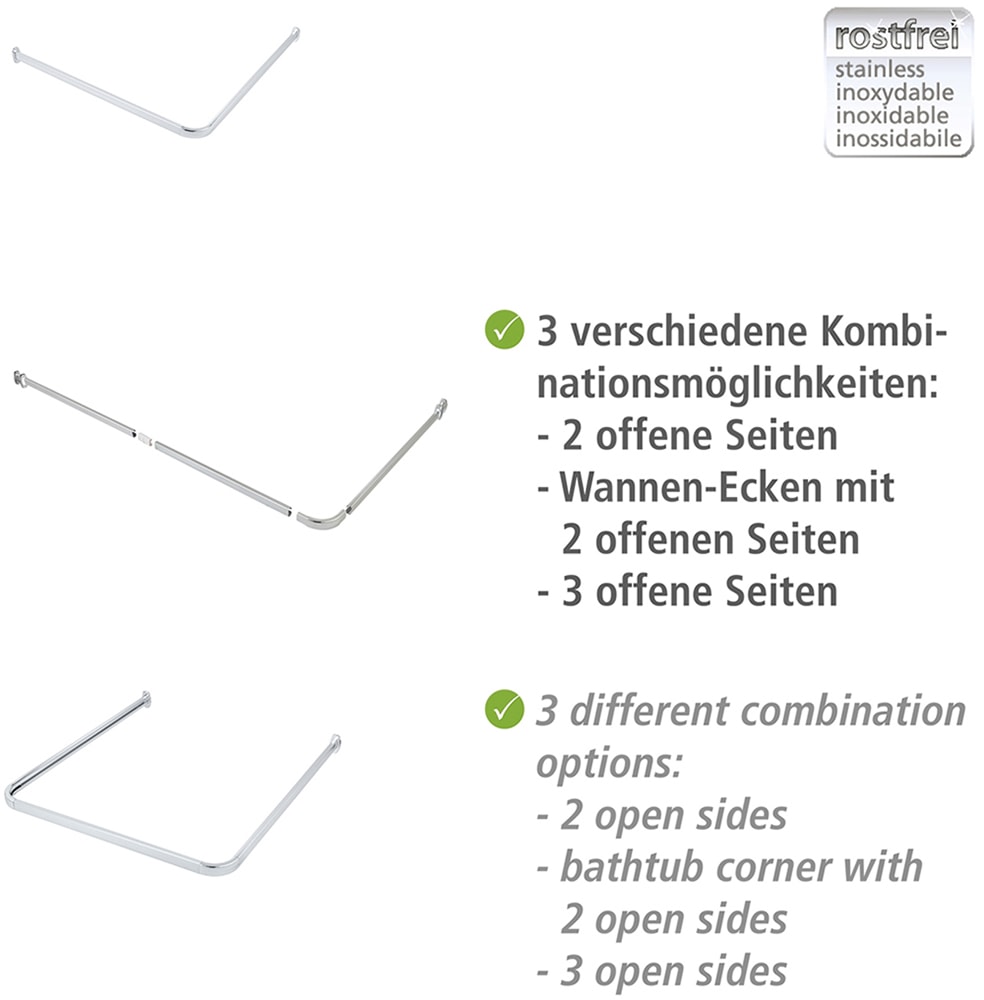 WENKO Winkelstange »Modell Era«, Winkelschiene aus Aluminium für Duschvorhänge, inkl. 16 Spezialgleiter