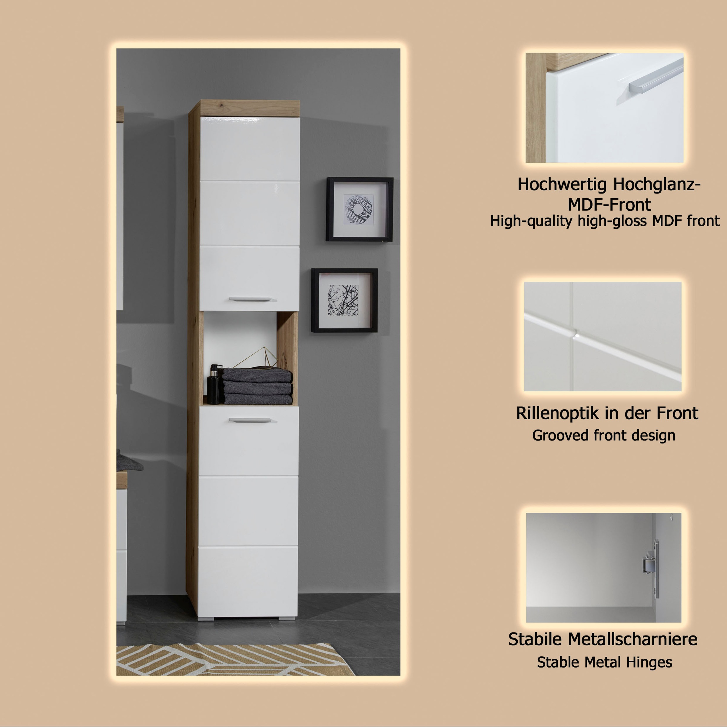 welltime Hochschrank »Avena« Badschrank mit 2 Türen & 1 Fach - (B/T/H) 37/31/190 cm