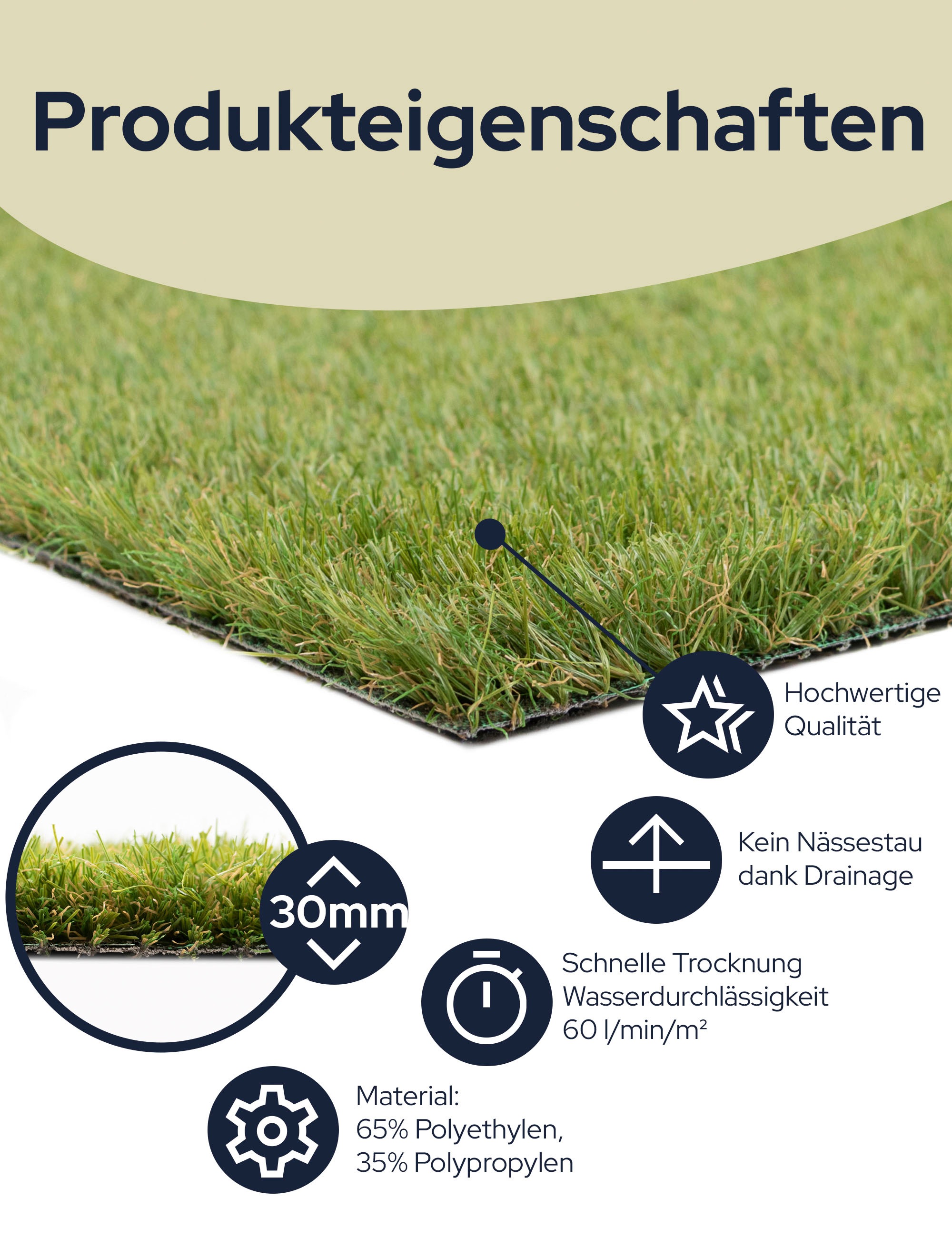 Primaflor-Ideen in Textil Kunstrasen »COLORADO«, rechteckig, 30 mm Höhe, mit Drainagefunktion, ideal für Balkon & Terrasse