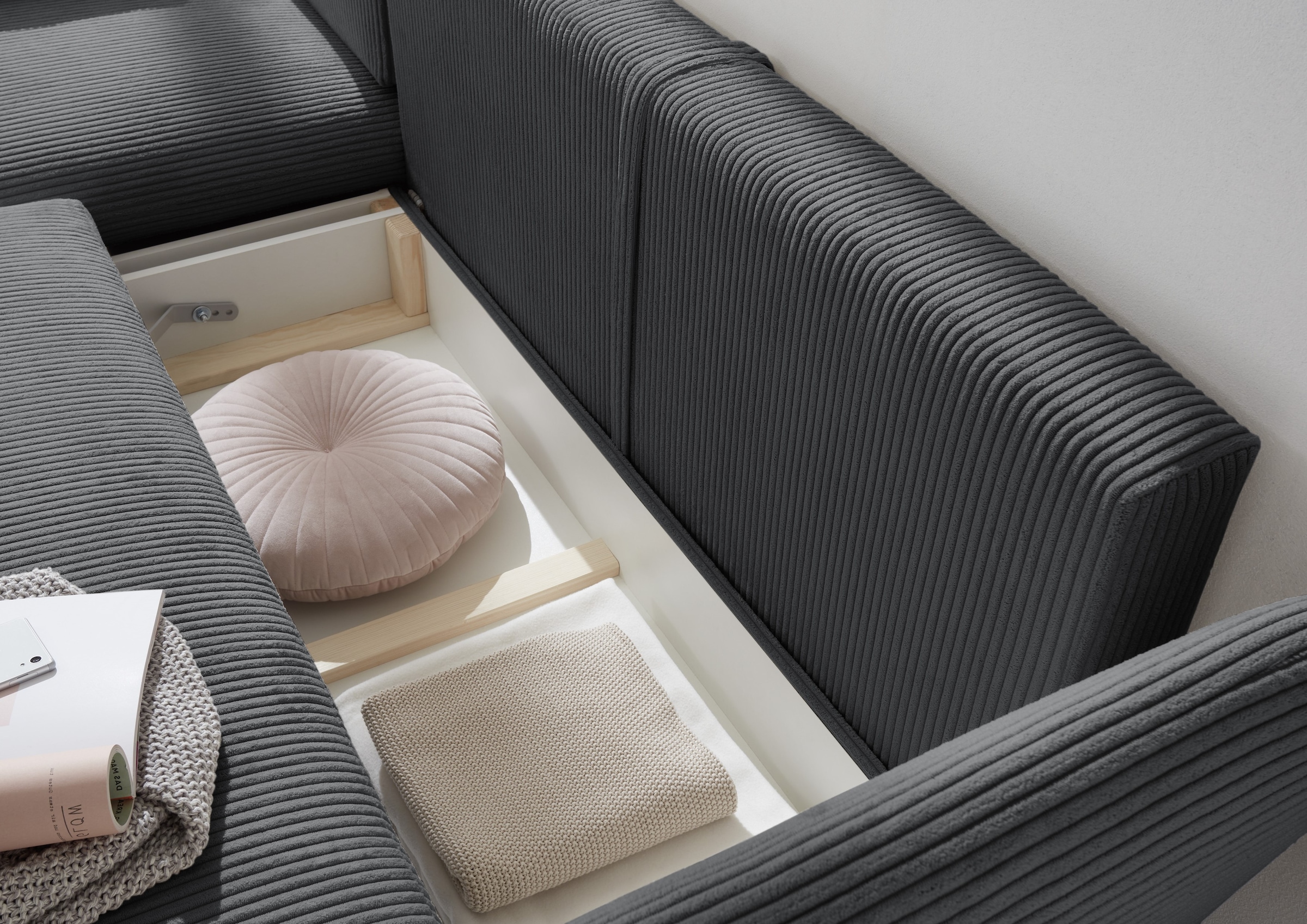 OTTO home Ecksofa »MERLE, 258 cm, L-Form, traumhafter Cord,« mit Bettfunktion und Bettkasten, Liegefläche 224 x 139