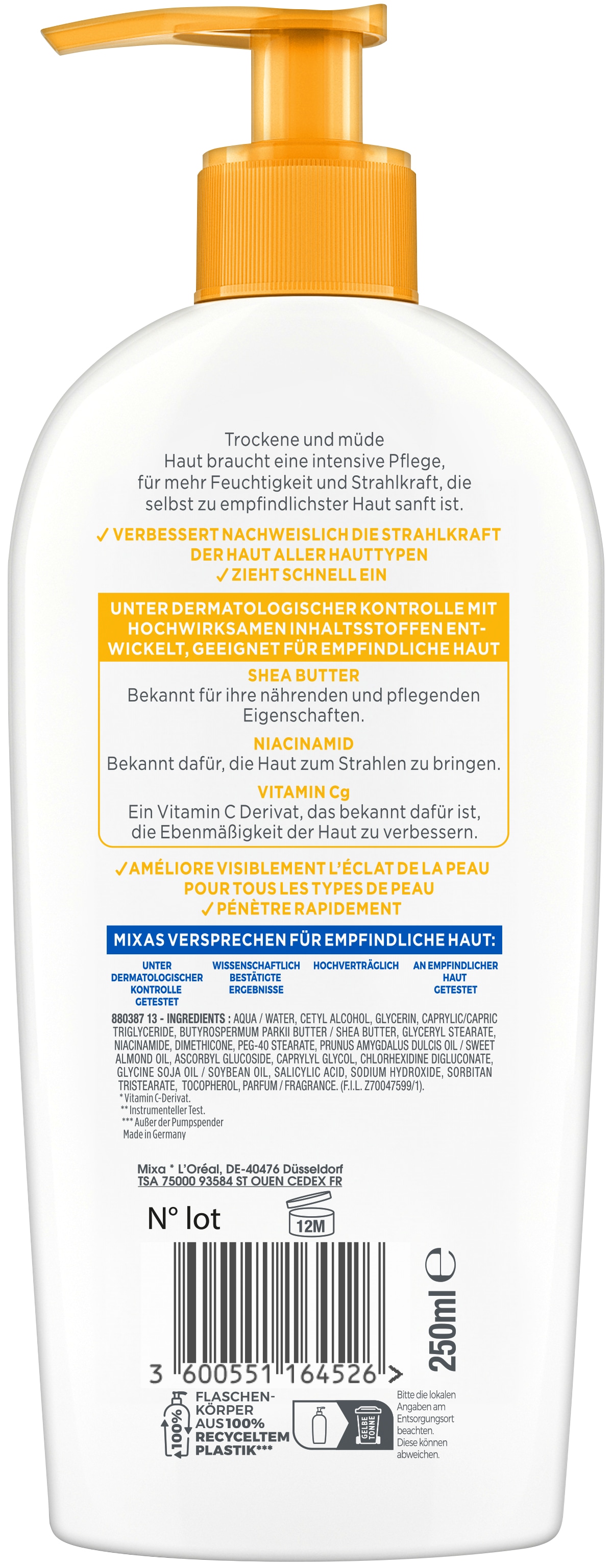 Mixa Körpermilch »Mixa Niacinamide Bright Body Lotion«, Pflegt müde und trockene Haut, sorgt für bis zu 48h Feuchtigkeit.