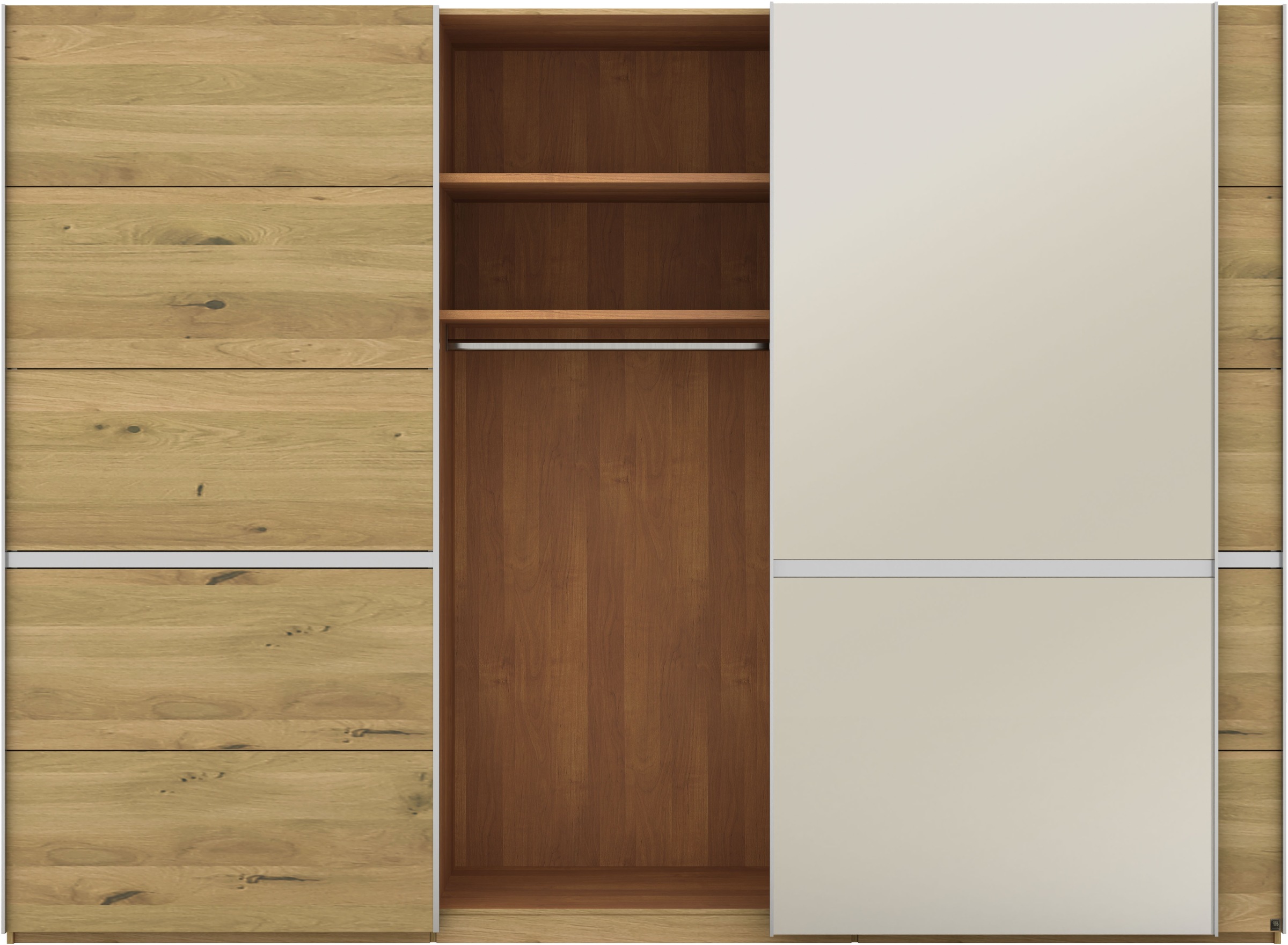 Musterring Schwebetürenschrank »Savona, Kleiderschrank, Schrank, Garderobe, mit Schiebetüren«, (Teilmassiv Bianco-Eiche, mit Spiegel oder Glas, MADE IN GERMANY), Türen Bianco-Eiche massiv, Spiegel-/Glastüren, eingelegte Chromleiste