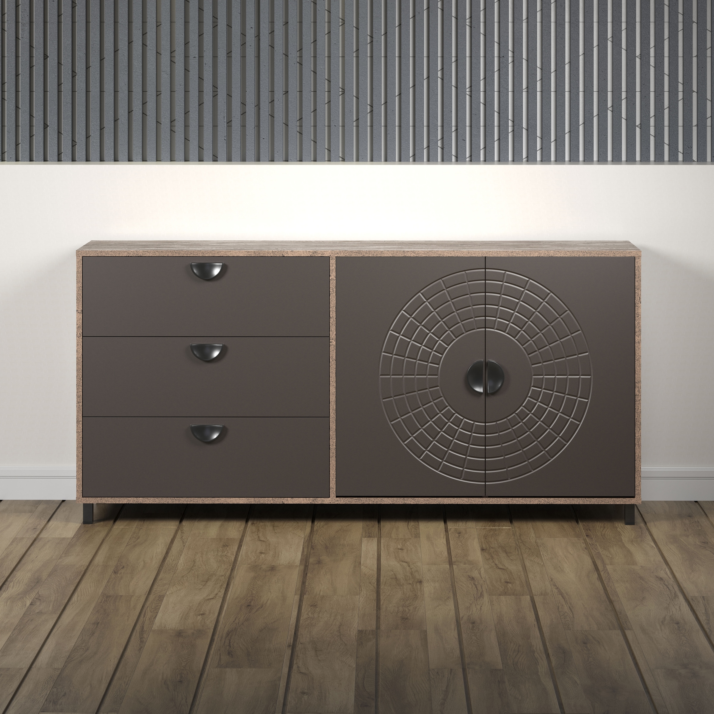 INOSIGN Sideboard »Fusion«, (1 St.), Kommode mit markantem Kreismuster - Antikoptik - (B/T/H) 176/42/86 cm