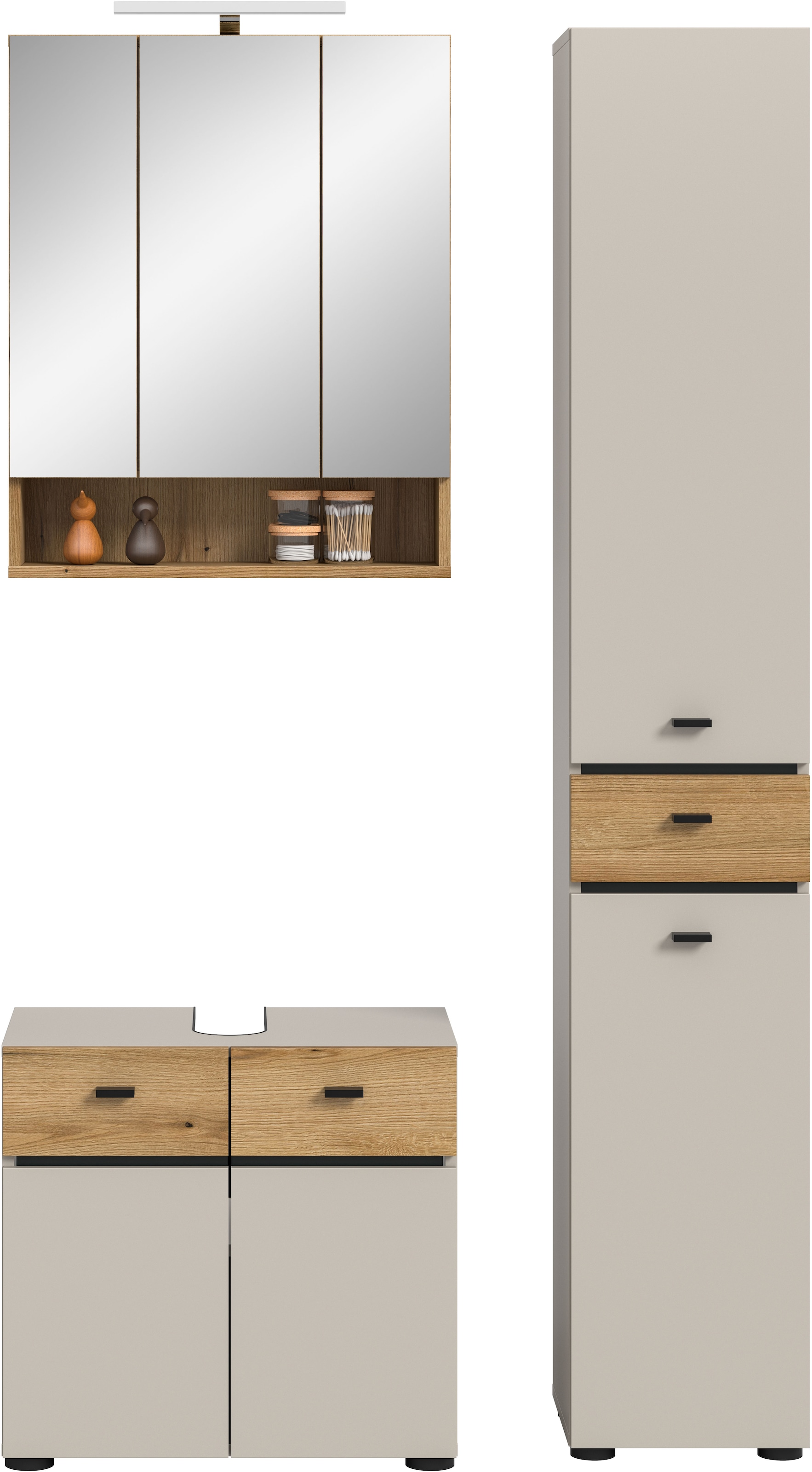 welltime Badmöbel-Set »VANN, 3-teilige moderne Badkombination, inkl. Beleuchtung« Waschbeckenunterschrank, Spiegelschrank inkl. Beleuchtung, Hochschrank, 3 Stk. tlg.