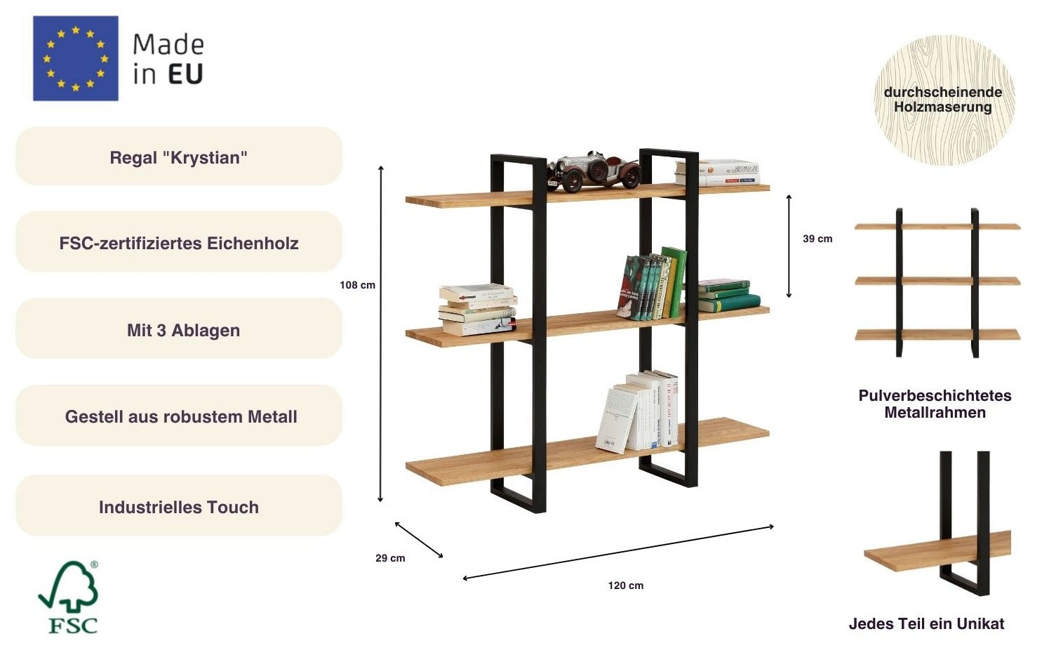 Home affaire Bücherregal »Krystian Regal« Gesamtmaße B/T/H: 120/29/108,  Raumteiler, Ablagen aus Eichenholz, Gestell aus robustem Metall