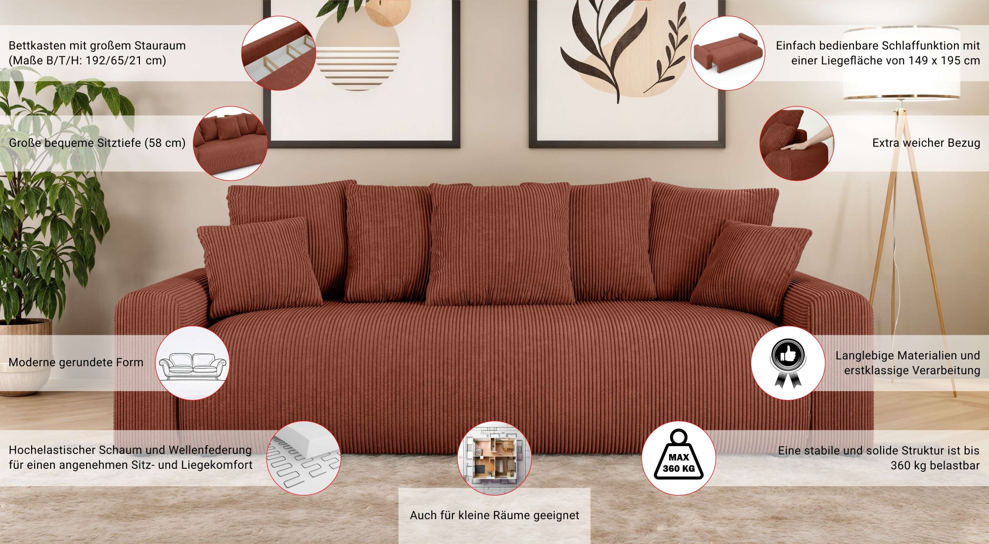 Home affaire Big-Sofa »LAKESIDE klein 3-Sitzer Schlafsofa mit Bettkasten, Breite 238 cm« Liegefläche 149x195 cm, hoher Sitzkomfort, Maße B/T/H: 238/98/85cm