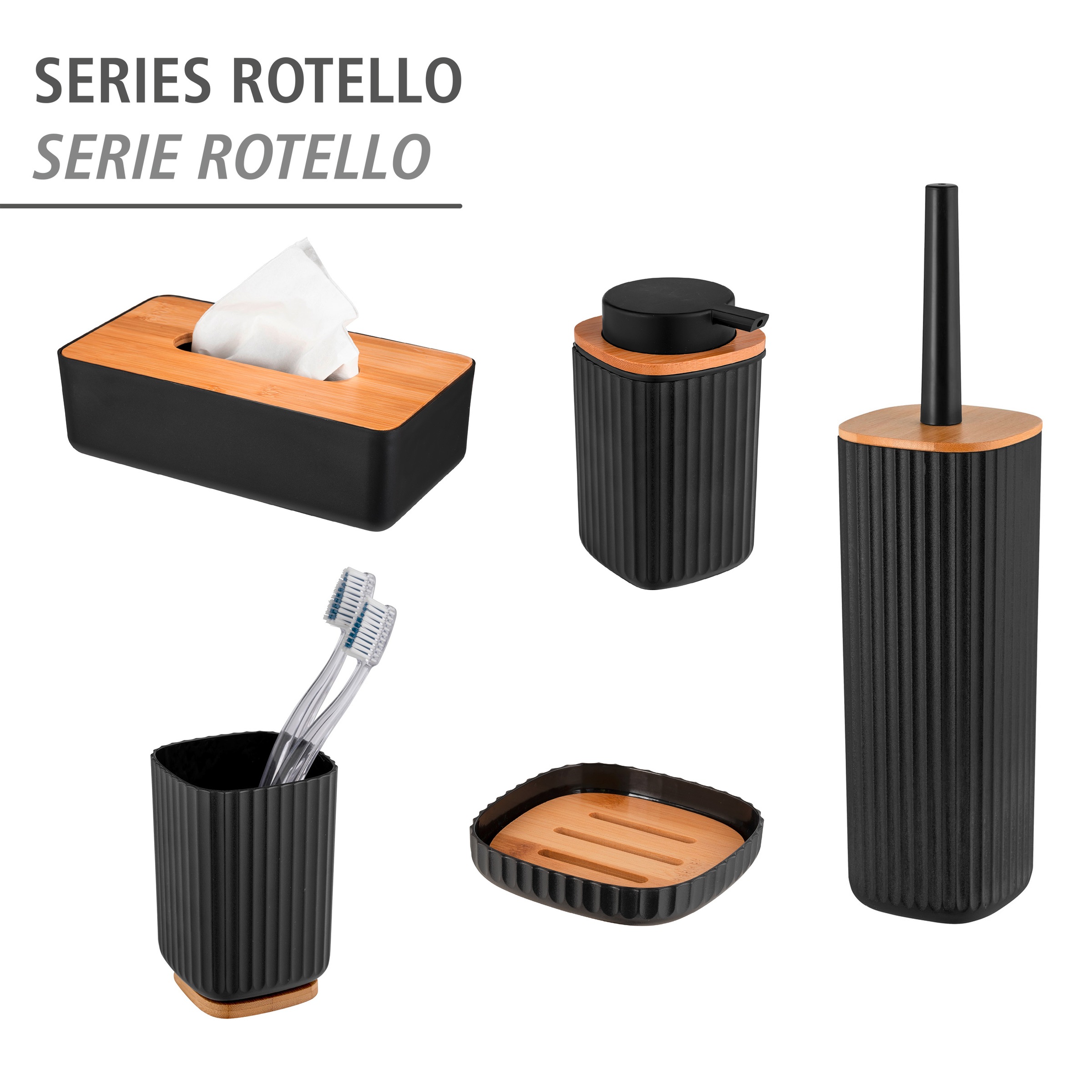 WENKO WC-Garnitur »Rotello«, aus Kunststoff-Bambus, schwarz, mit geschlosssener Form
