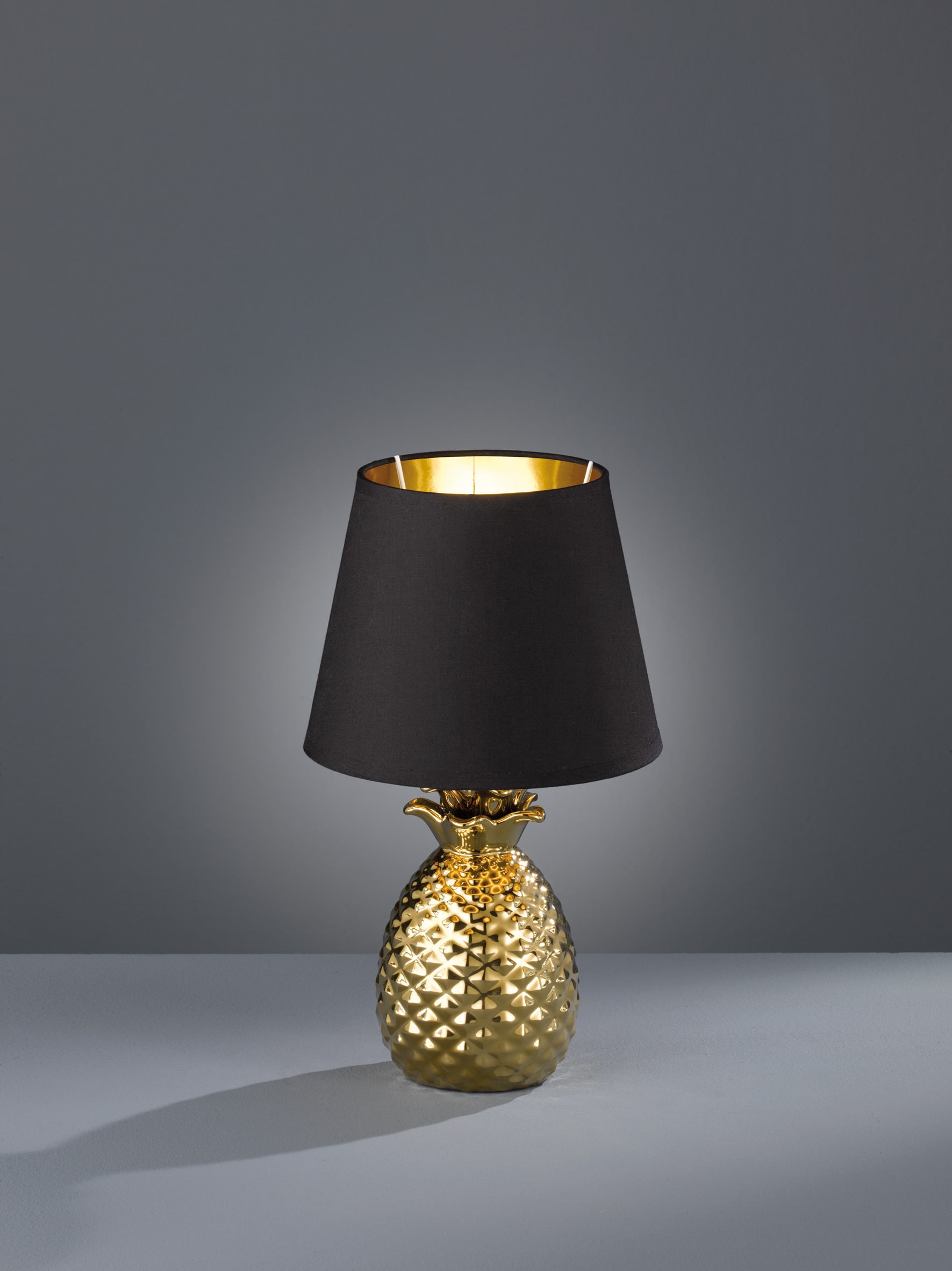 TRIO Leuchten Tischlampe »Pineapple«, 1 flammig, Leuchtmittel E14 | ohne Leuchtmittel, Ananas Form gold, Stoffschirm schwarz/gold