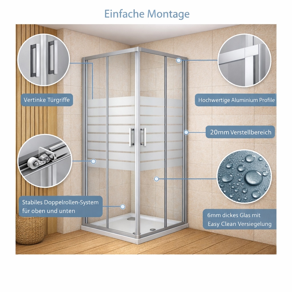 welltime Eckdusche »New Trento mit Streifendekor« Extrahohe 195cm, 6mm ESG, verbessertes Rollensystem, Streifendekor