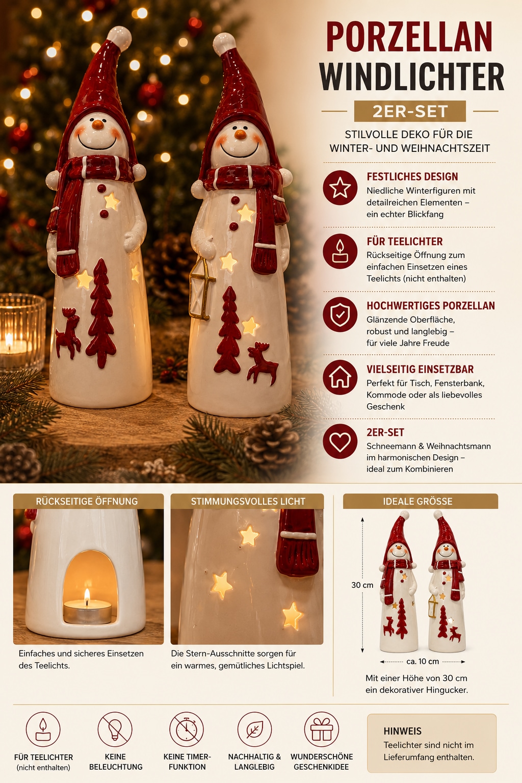 OTTO home Teelichthalter »Deko Weihnachten Eeske, aus Porzellan detailreich bemalt« Schneemänner klassisch rot-weiß, jeweils ca.31cm hoch