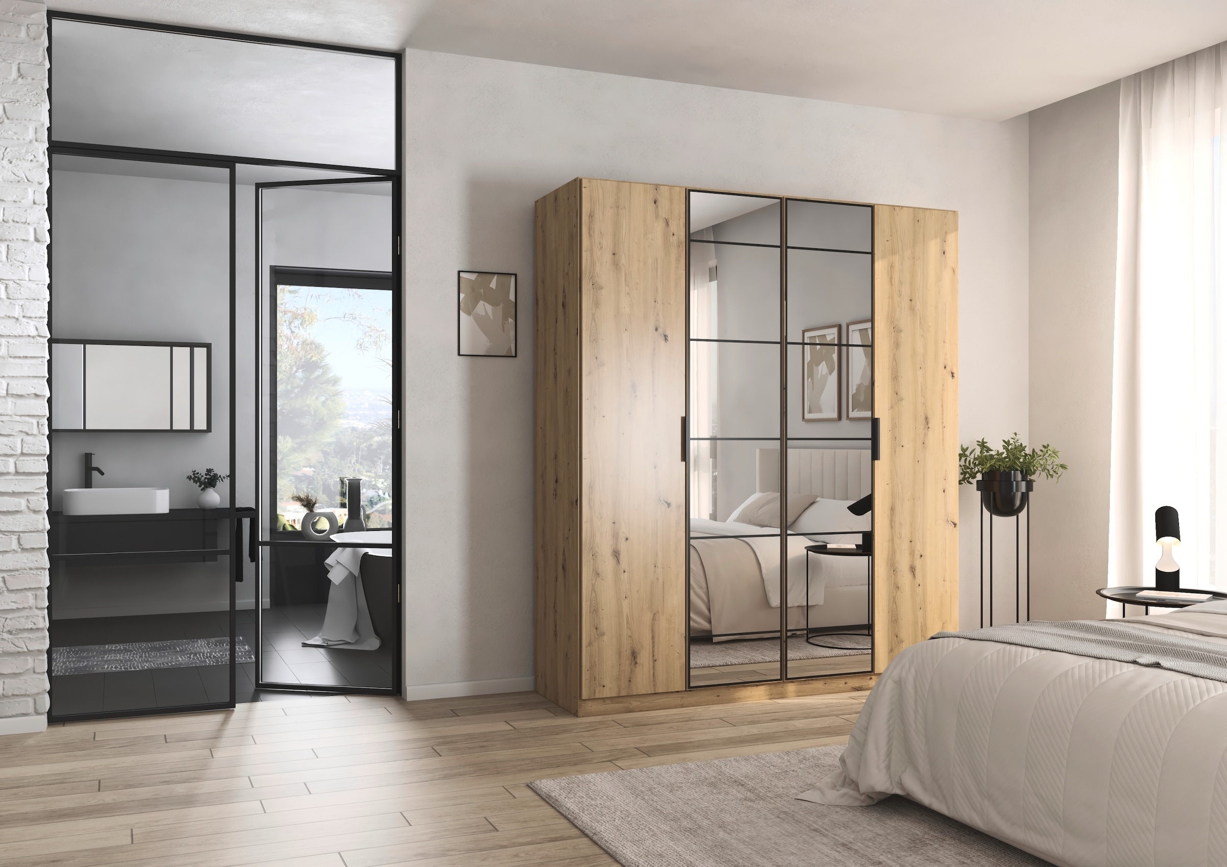 rauch Drehtürenschrank »Kleiderschrank Schrank Garderobe Schlafzimmerschrank ACERO« Breiten 181/226/271 cm, Höhe 210 cm,  Mitteltüren mit Spiegel in moderner Loft-Optik MADE IN GERMANY