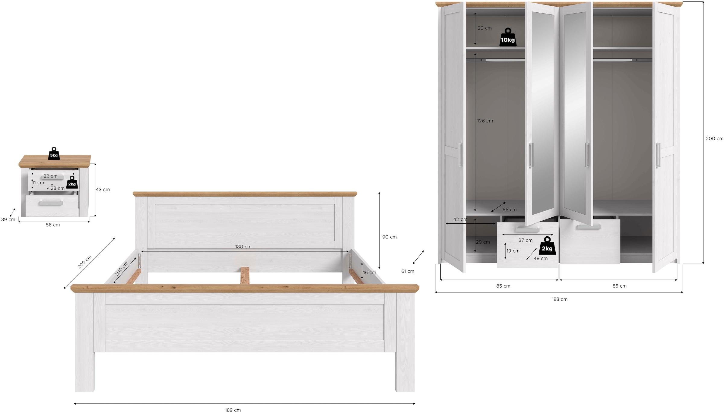 Home affaire Schlafzimmer-Set »COSENZA, 3-tlg., Kleiderschrank, Bettgestell & Nachttisch« Matratzengröße 180x200 cm, viel Stauraum, ohne Lattenrost & Matratze, 3 tlg. tlg.