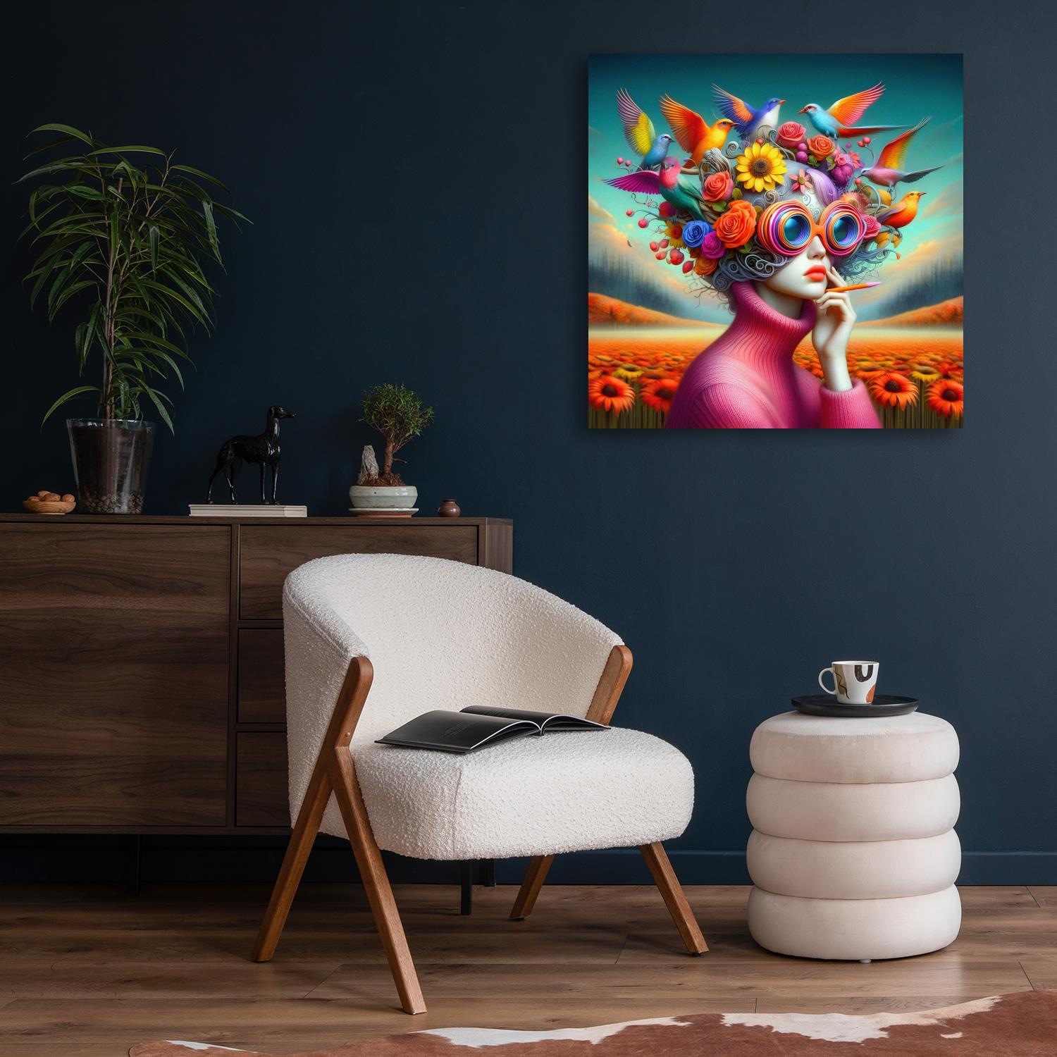 queence Acrylglasbild »In einer lebendigen Welt - Katharina Kolenda«, Vögel-Fantasy-Frau-Tiere-Blumen-Blumenbilder-Vogelbilder, (1 St.), Kunst, knallige Farben, bunt
