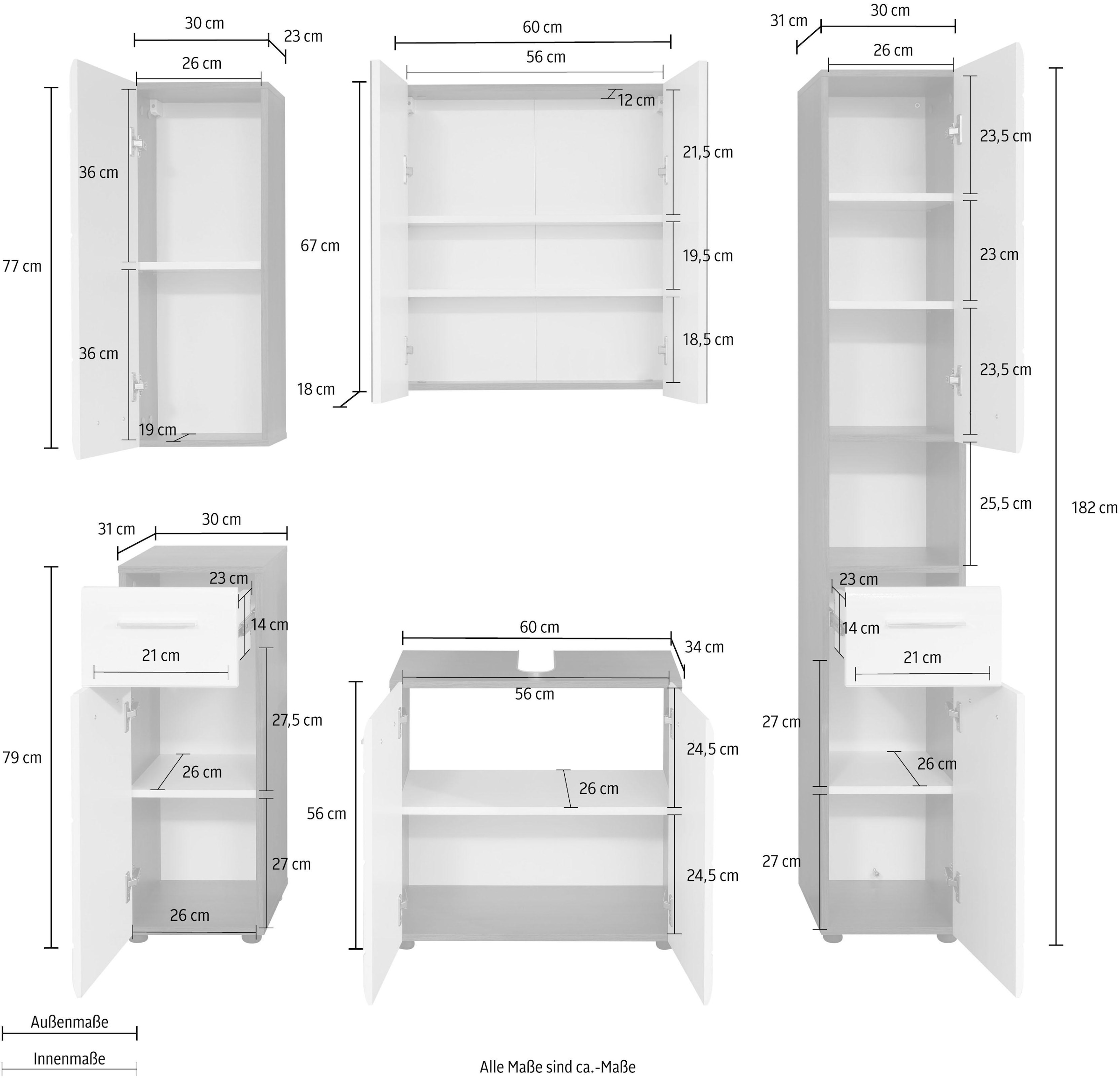 Badezimmerschränke (Set, Fronten Holzoptik mit 3 Hochglanz- mit »Skin«, trendteam in XXL St.), Jahren Garantie 5 Badmöbel-Set oder