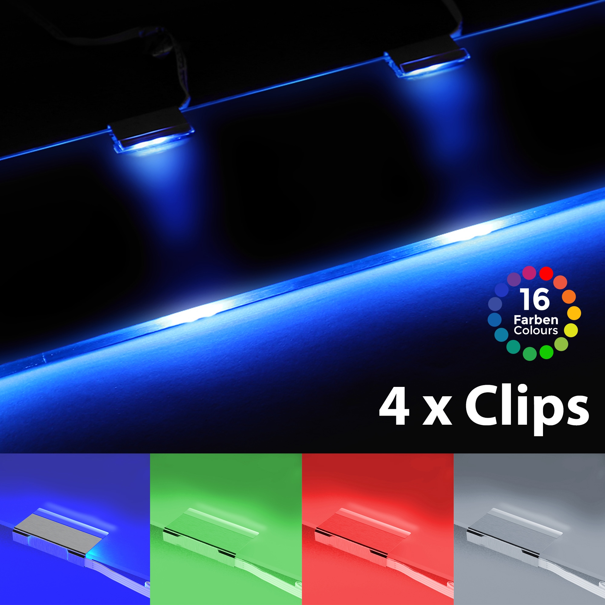 B.K.Licht LED Dekolicht LED-Board 4 Stk. Farbwechsler LED Clips, RGB, Glasboden-Beleuchtung, Glaskantenlichter, Leuchten