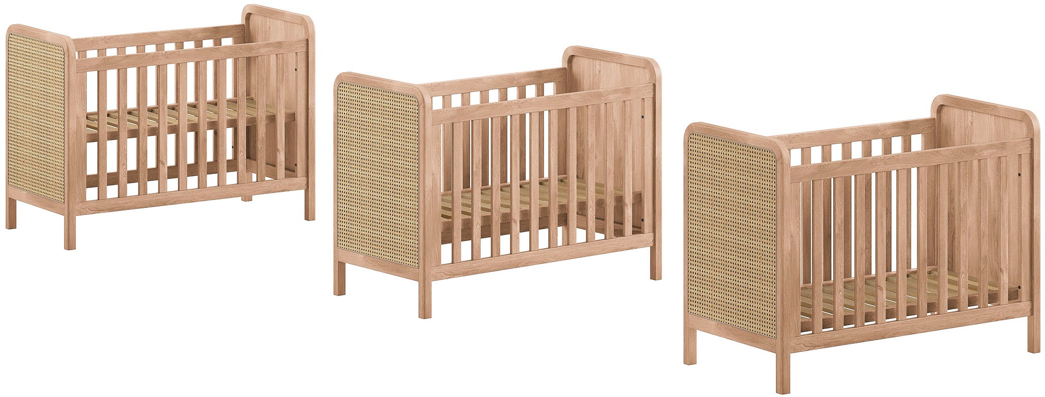Vipack Babybett »Woods in klassiver Optik, wahlweise mit Rattan- oder Bouclé Optik« Eichenholz mit natürlichem Rattan oder Bouclé an Kopf- und Fußteil