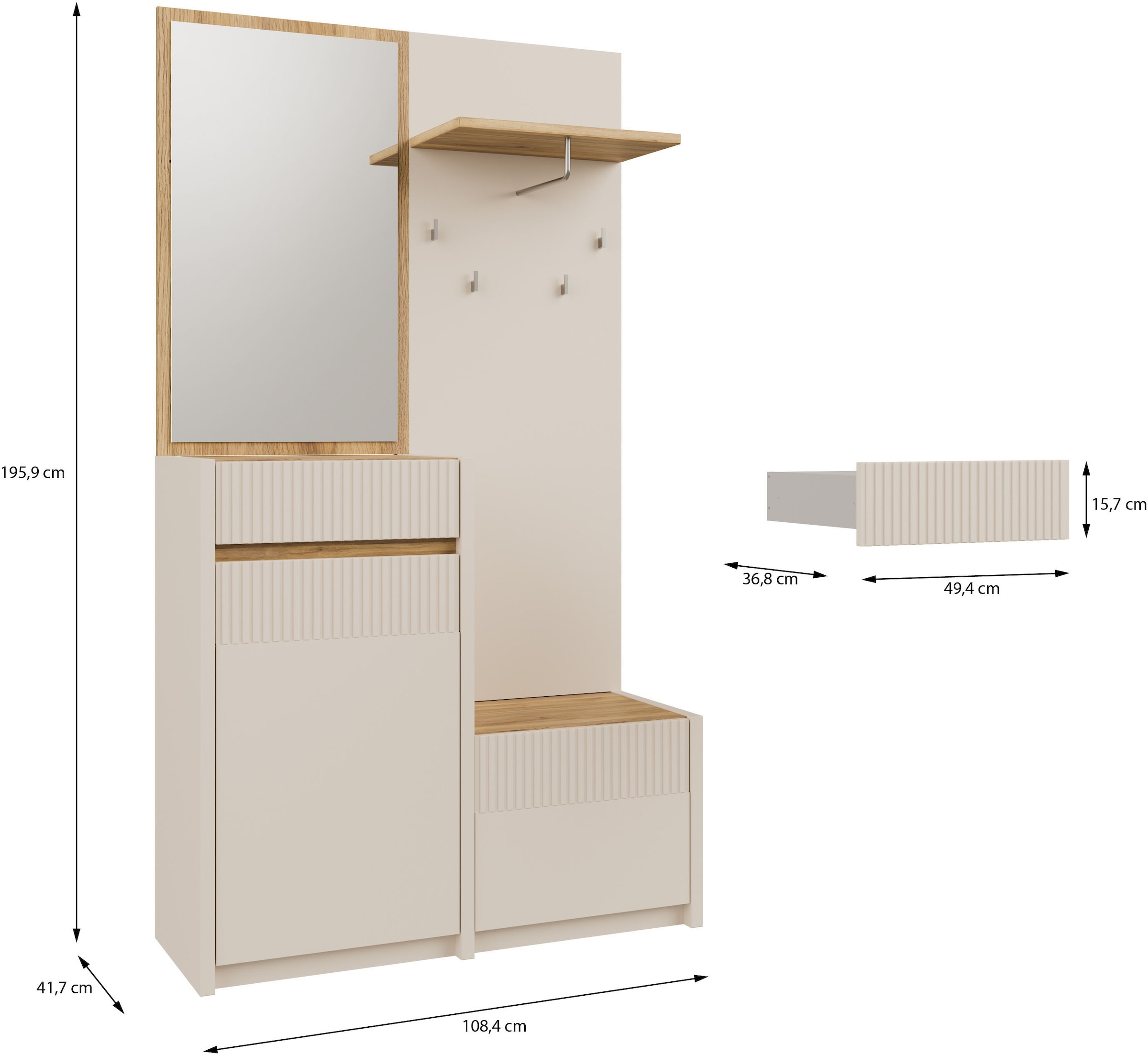 FORTE Kompaktgarderobe »Oak Squere«, B/H/T 108,4 /195,9/41,7 cm Spiegel, Haken, Kleiderstange