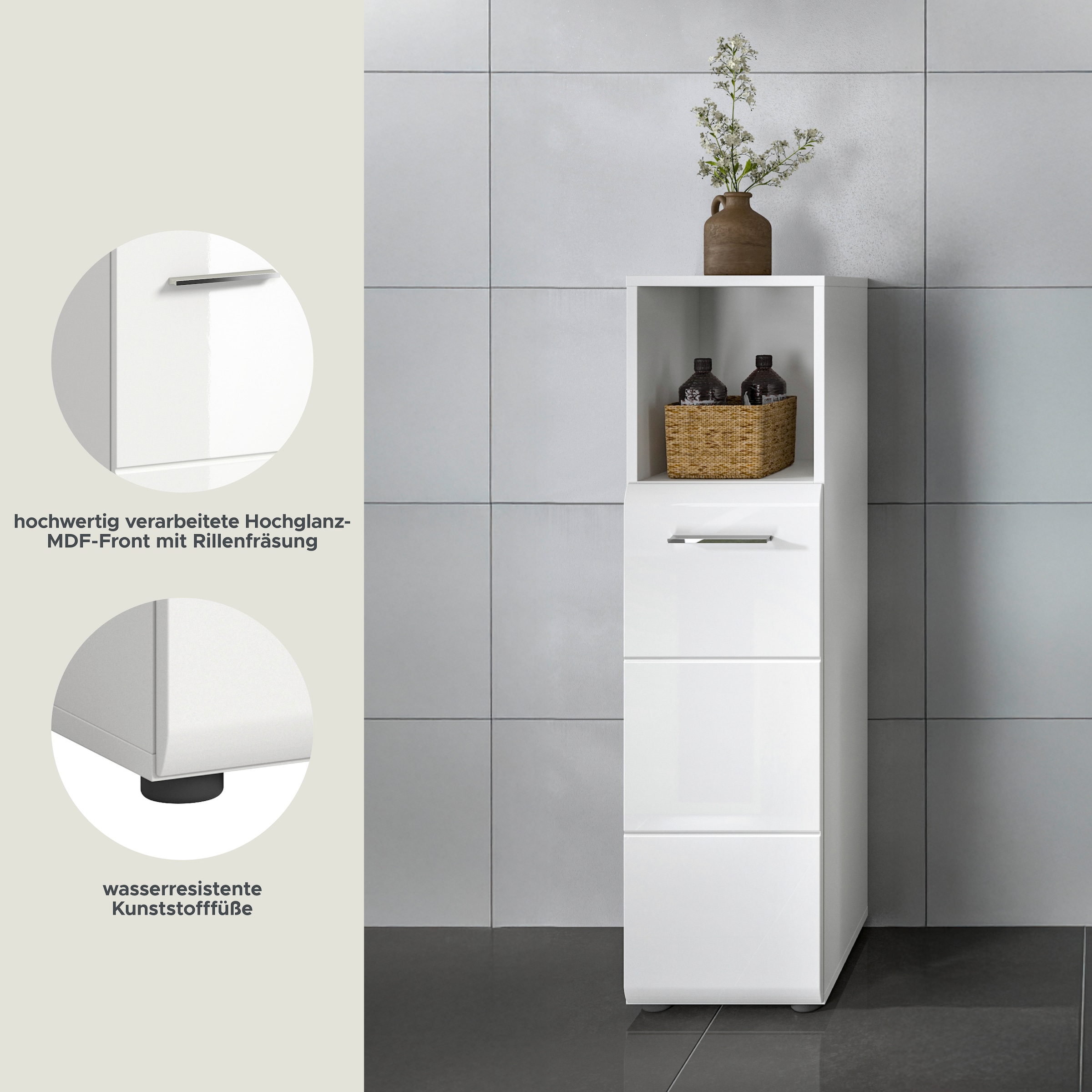 welltime Stauraumschrank »FLORENZ, TOPSELLER!, Höhe 110 cm, 1 Tür, 2 Fachböden, 1 offenes Fach« TOPSELLER!, 1 Stk. tlg. Türanschlag wechselbar, hochwertige MDF Front, Badschrank, Bad