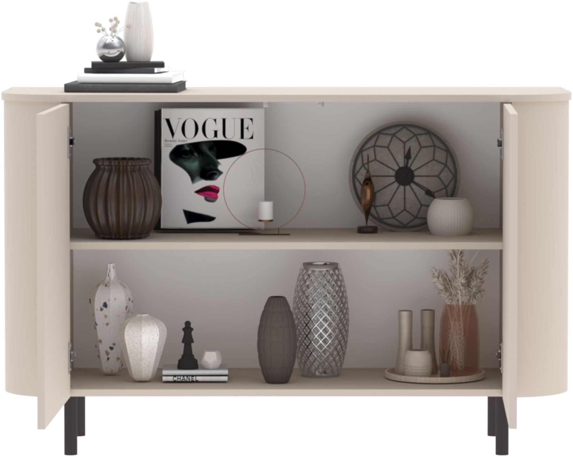 OTTO home Sideboard »Lido, 131 cm breit, 2 Türen, Anrichte, Kommode, Stauraumschrank« Formgebogenes MDF, Stirnseiten mit Rundung, Push-to-open, Metallfüße