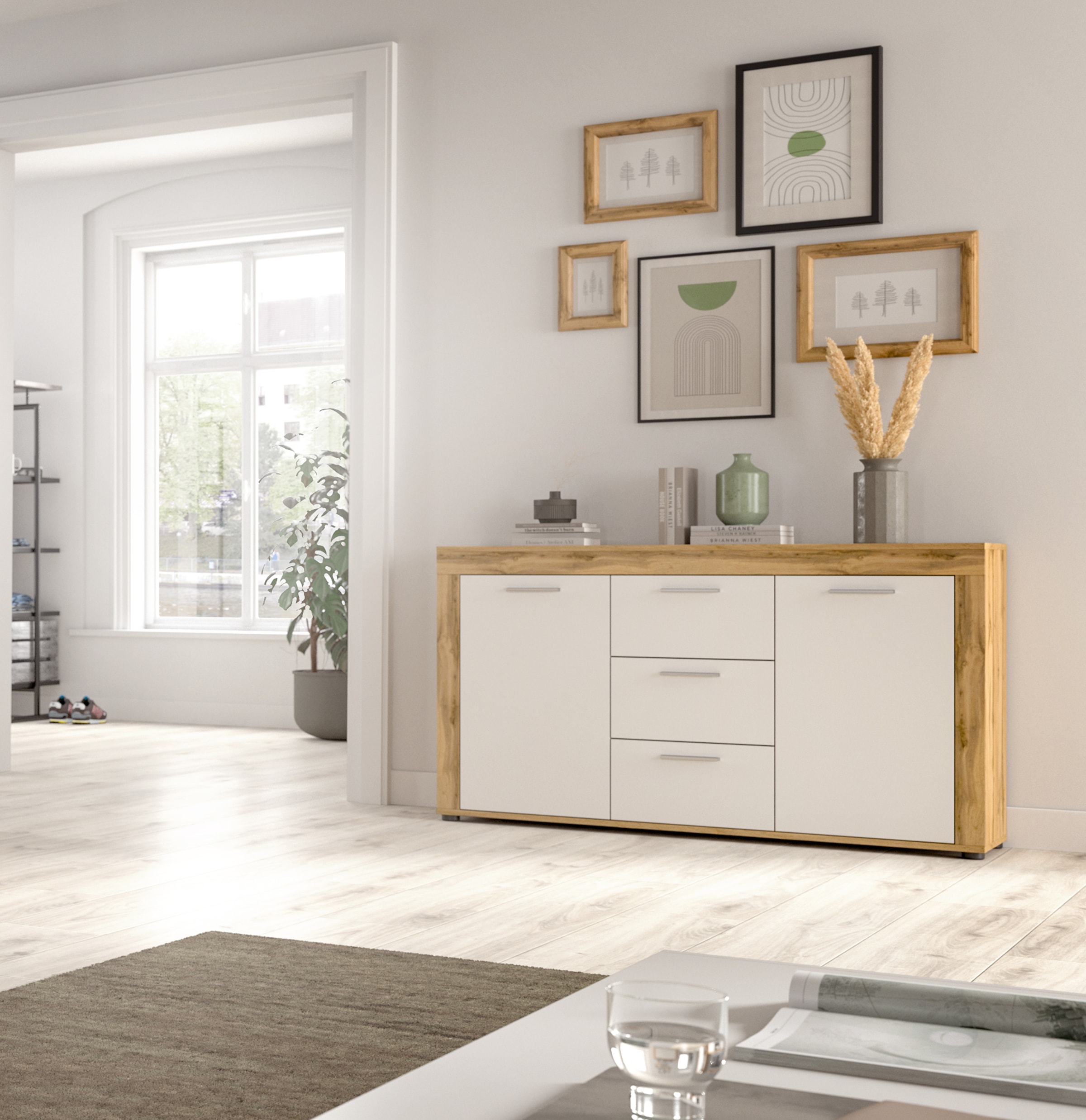 Home affaire Sideboard »AOSTA, Breite 125 cm, 2 Türen, 3 Schubkästen, 4 Fachböden« in verschiedenen Farbausführungen, individuell kombinierbar,  Kommode, Schrank, Anrichte, Standschrank, Board, Wohnzimmer