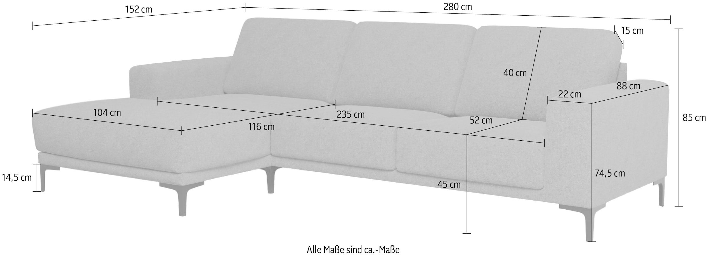 Places of Style Ecksofa »Xander, L-Form,«, Breite 280 cm, Soft-Touch Chenille, schwarze Metallfüßen
