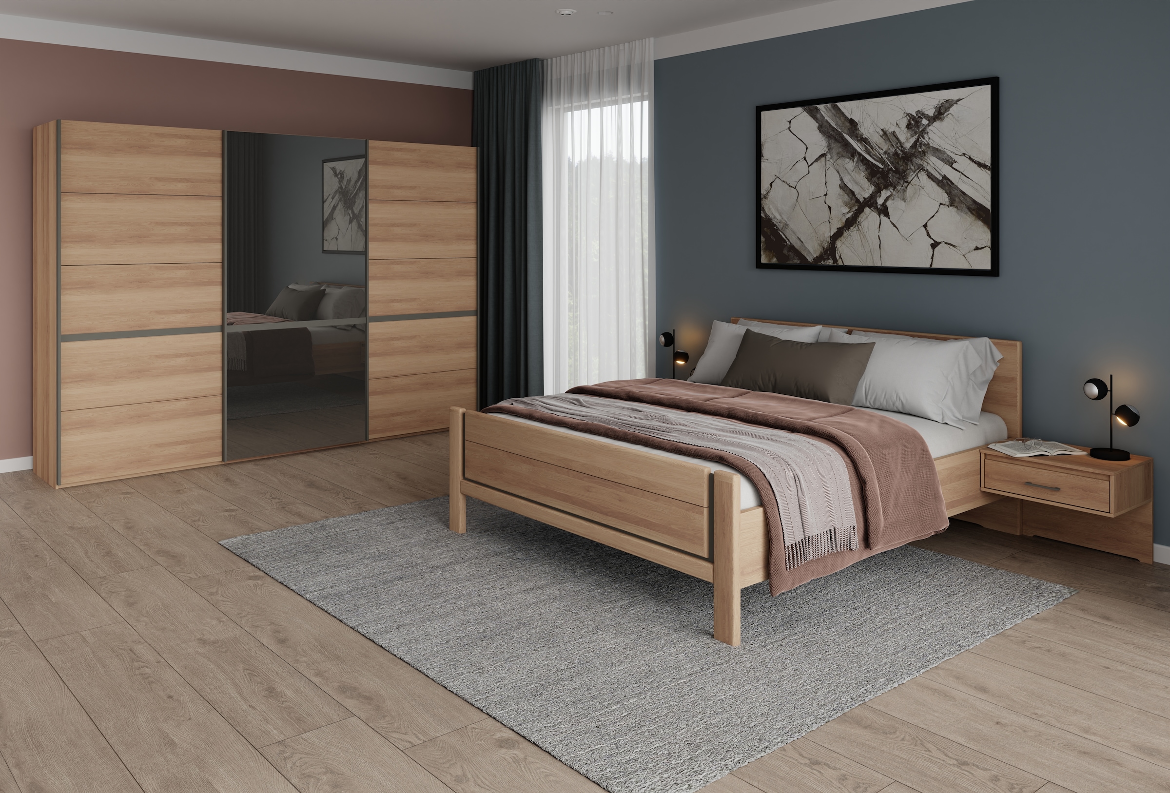 Musterring Schlafzimmer-Set »Sorrent, Kleiderschrank, Bett & Nachtkommoden, teilmassiv Eiche« 2er-Set Nachtschränke, Schwebetürenschrank 300 cm, Bett 180x200 cm,  mit Schwebetürenschrank, Bett mit Stollenfuß, Breite Schrank 300 cm