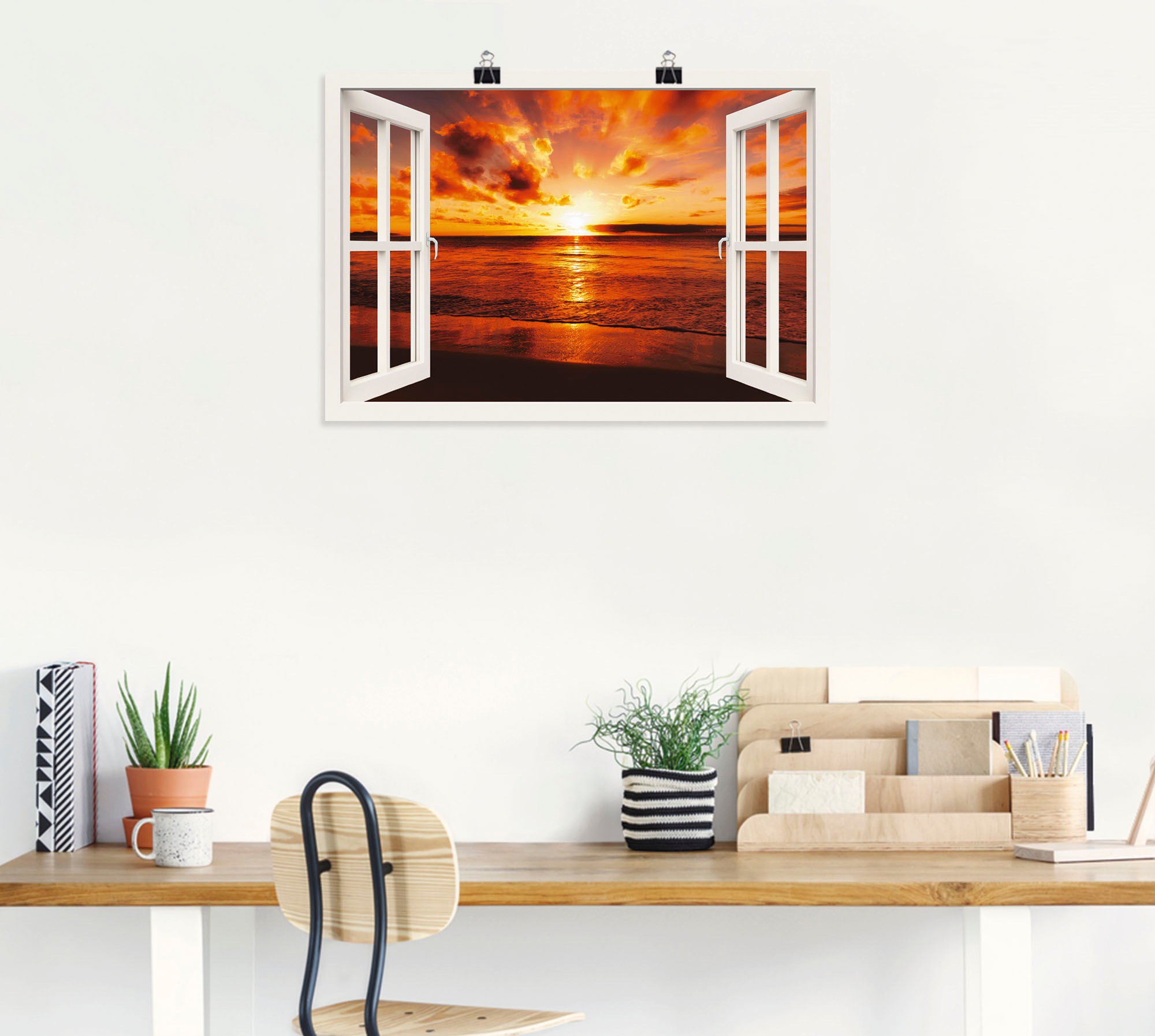 Artland Wandbild »Fensterblick Sonnenuntergang am Strand«, Fensterblick, (1 St.), als Leinwandbild, Poster in verschied. Größen