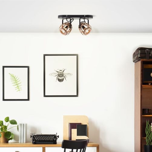 Brilliant Deckenstrahler »Nikka«, 2 flammig, Leuchtmittel E14 | ohne Leuchtmittel, 2 flammig, 20 cm Höhe,36 cm Breite, E14, Metall/Rattan, schwarz/natur