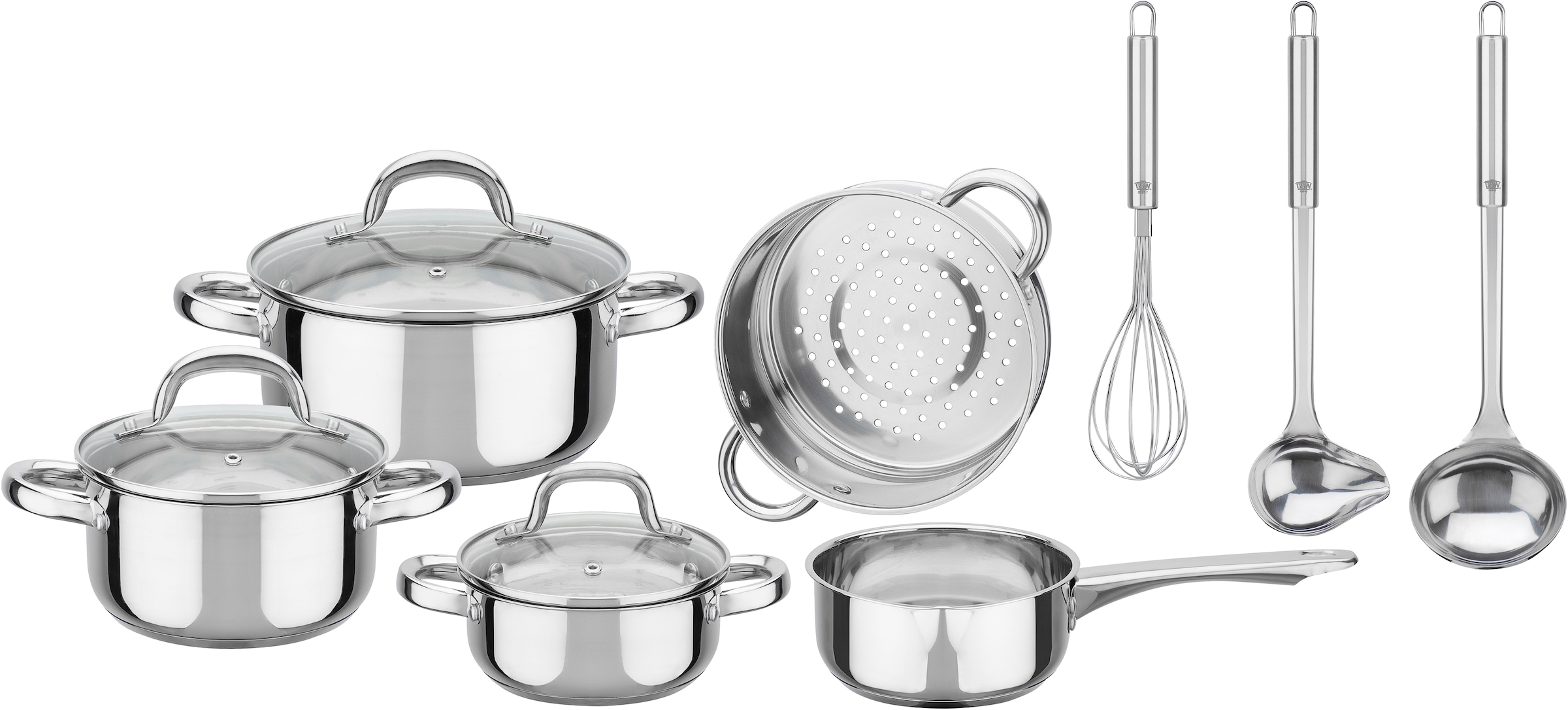 GSW Topf-Set "Montreal" Set, je 1 Kochtopf 14/16/20 cm, 1 Stieltopf 14 cm, 11 Stk. tlg. Edelstahl