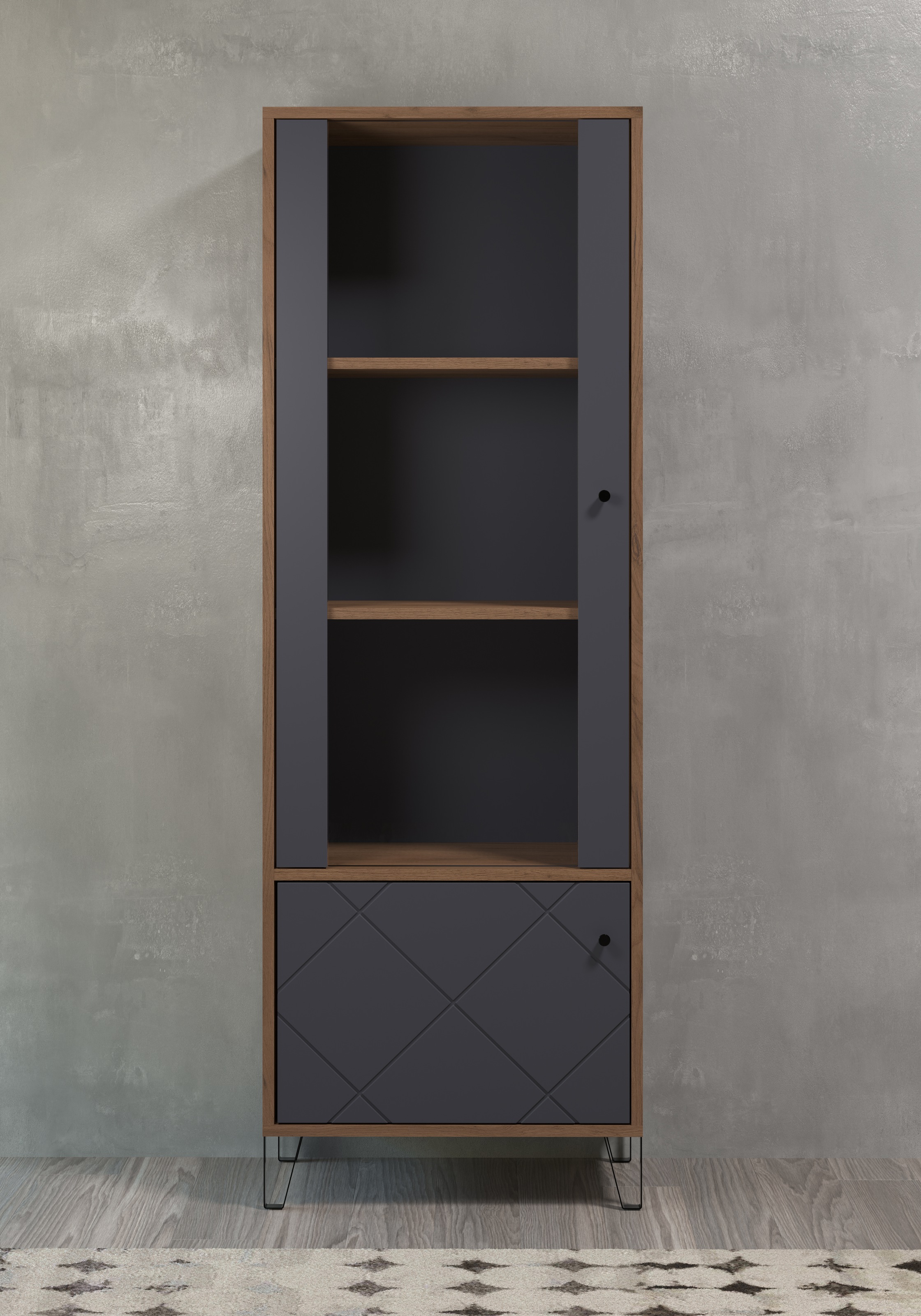 Places of Style Vitrine »Molveno«, (1 St.), Wohnzimmervitrine mit fühlbarer Graphit-Quadratoptik - 63/40/172 cm